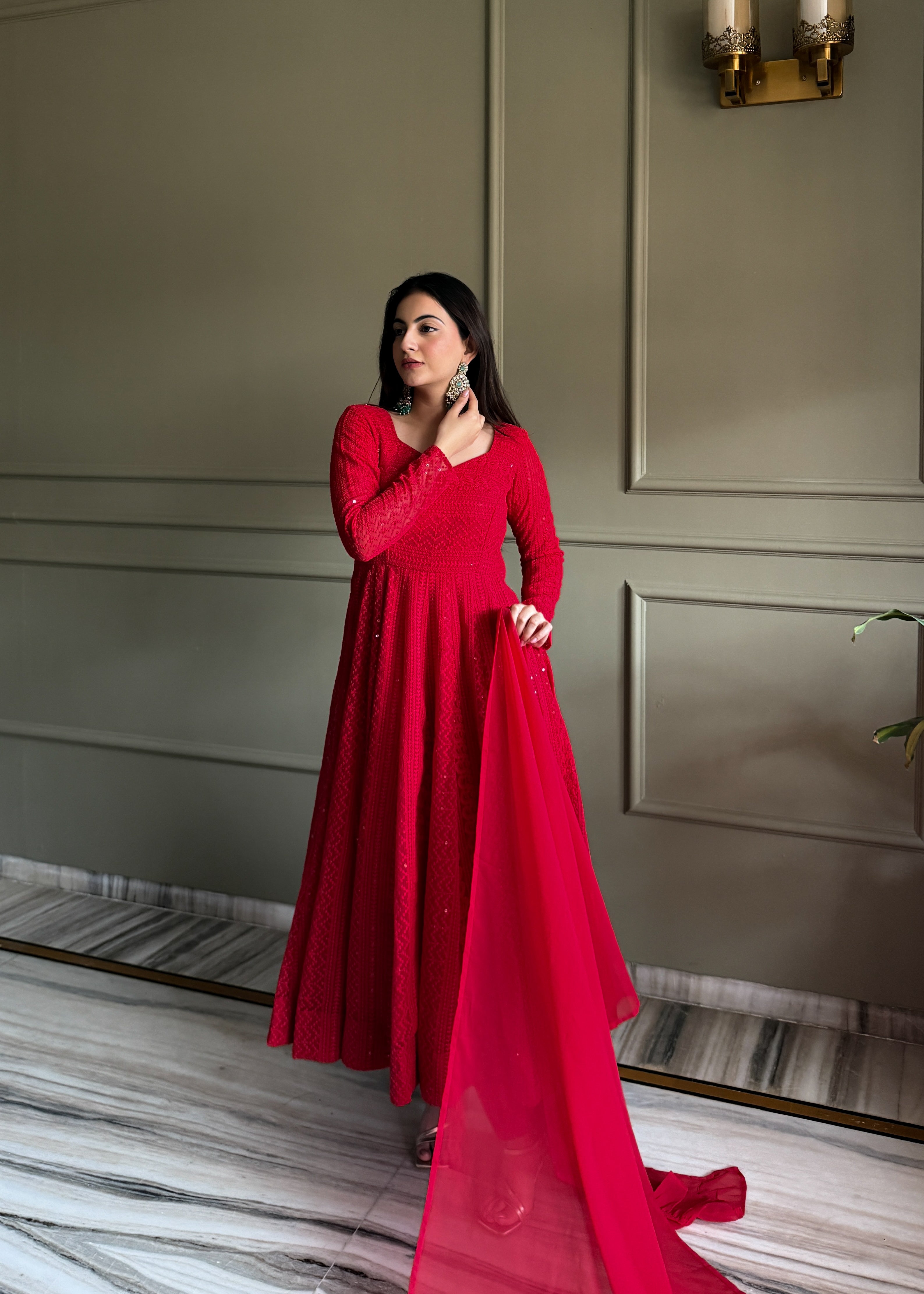 Lucknowi Georgette Anarkali Suit Set with Sequence Thread Work and Ruffle Dupatta