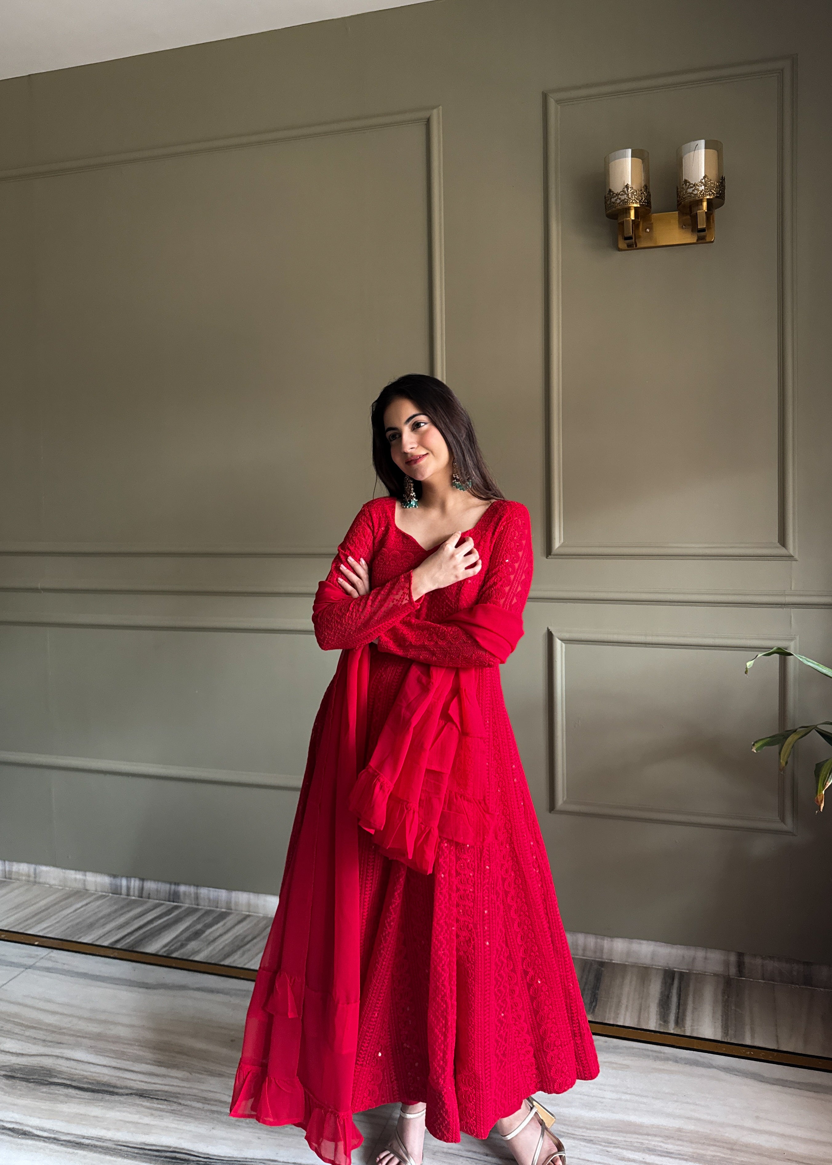 Lucknowi Georgette Anarkali Suit Set with Sequence Thread Work and Ruffle Dupatta