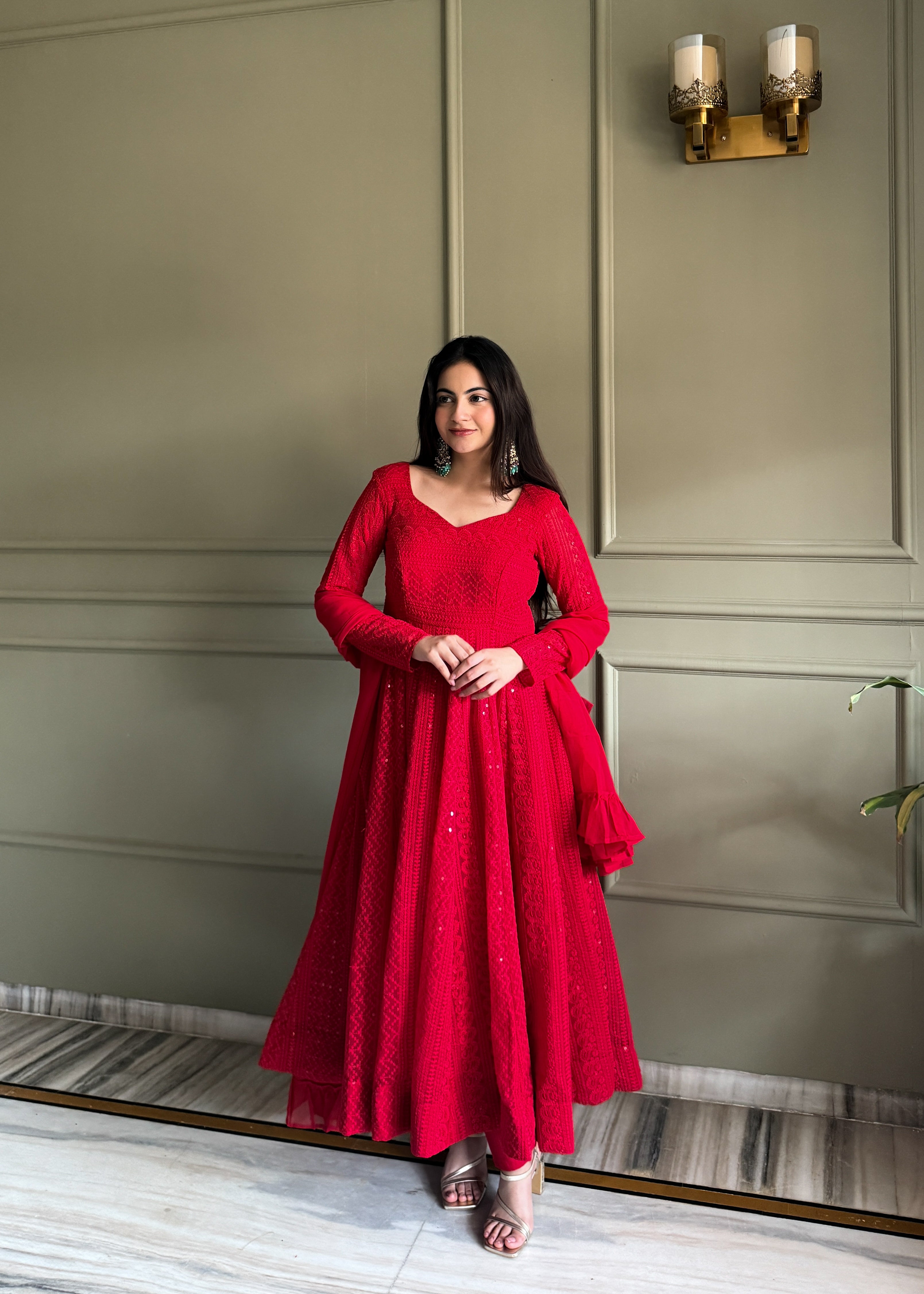 Lucknowi Georgette Anarkali Suit Set with Sequence Thread Work and Ruffle Dupatta