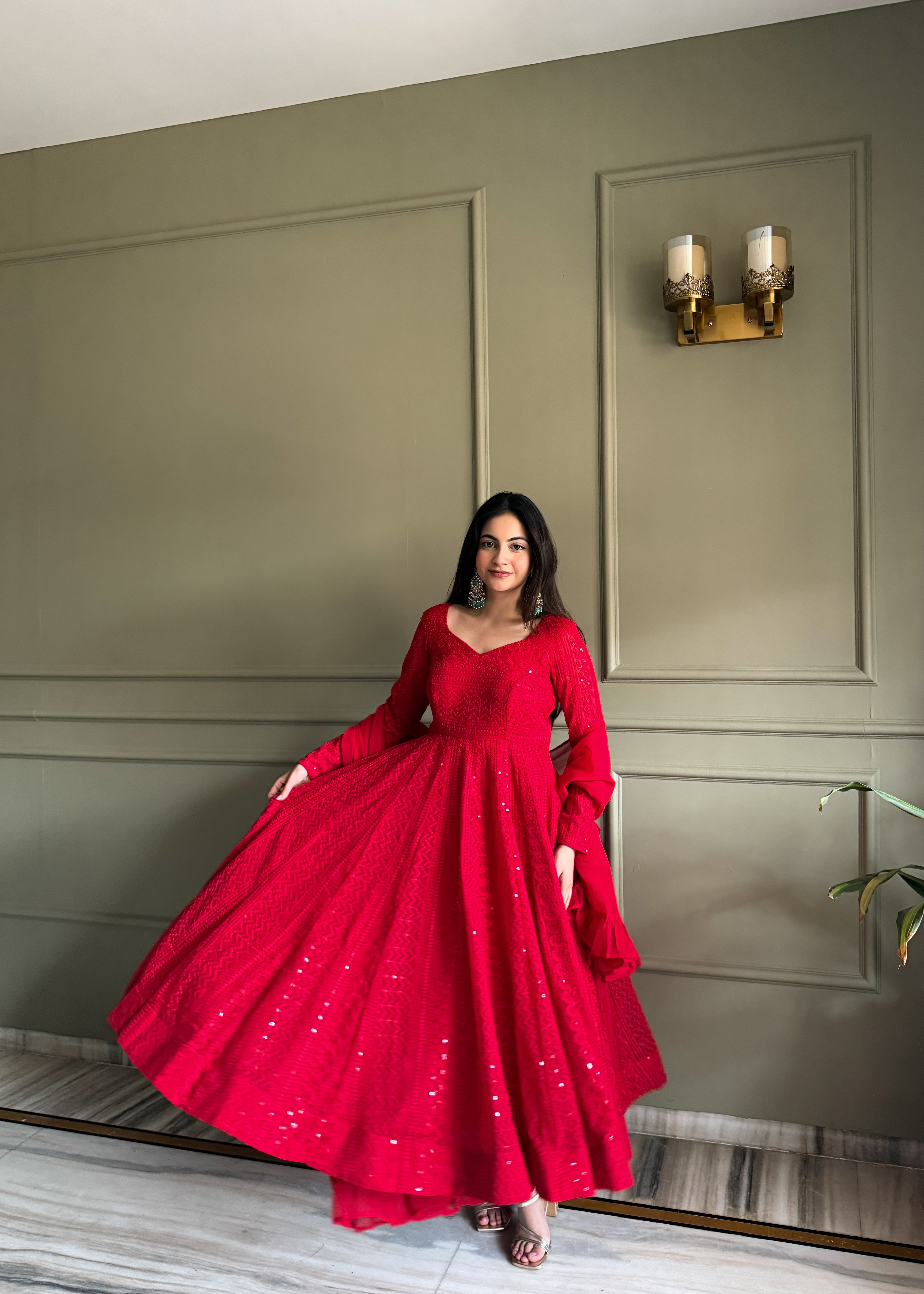 Lucknowi Georgette Anarkali Suit Set with Sequence Thread Work and Ruffle Dupatta
