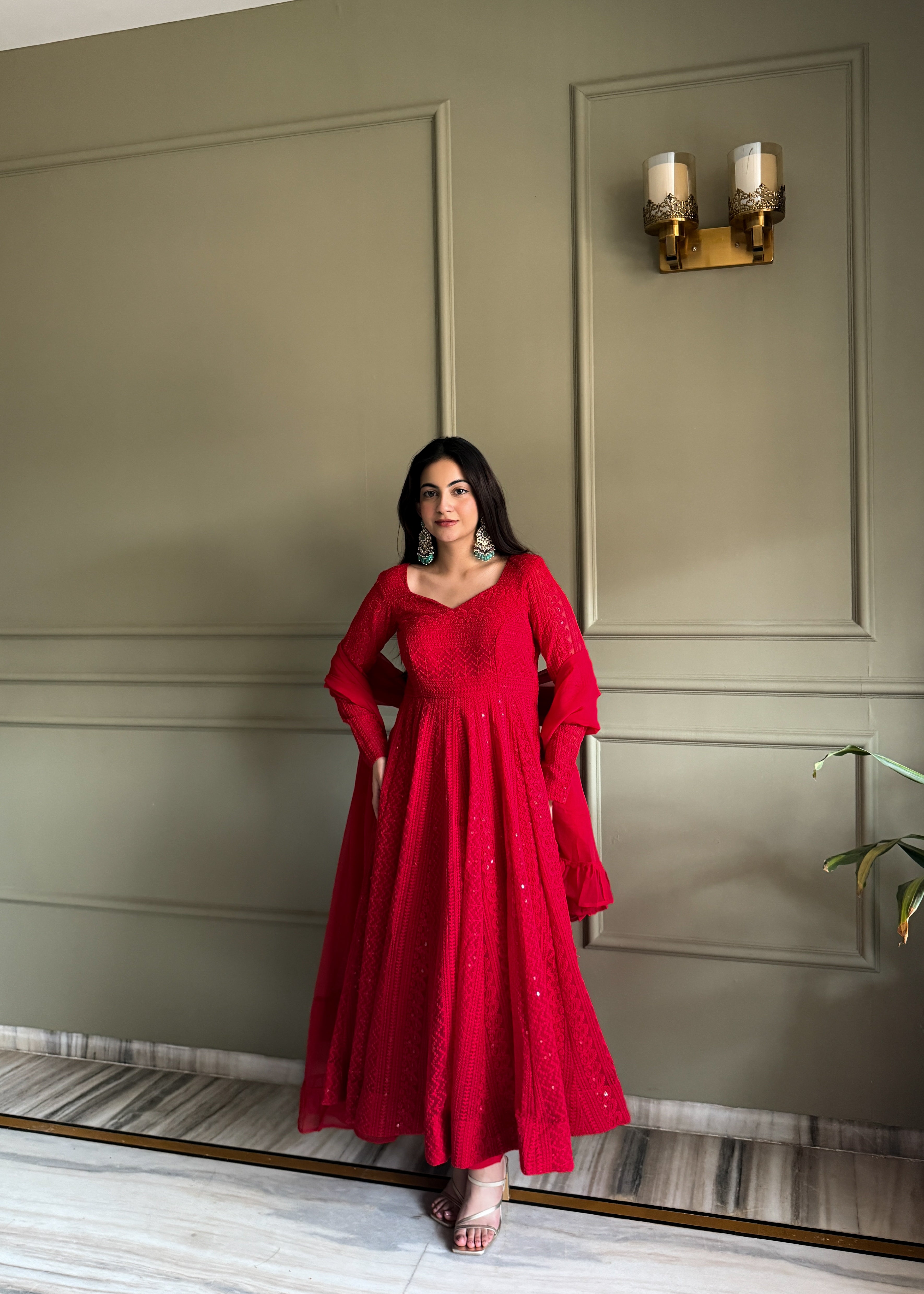 Lucknowi Georgette Anarkali Suit Set with Sequence Thread Work and Ruffle Dupatta