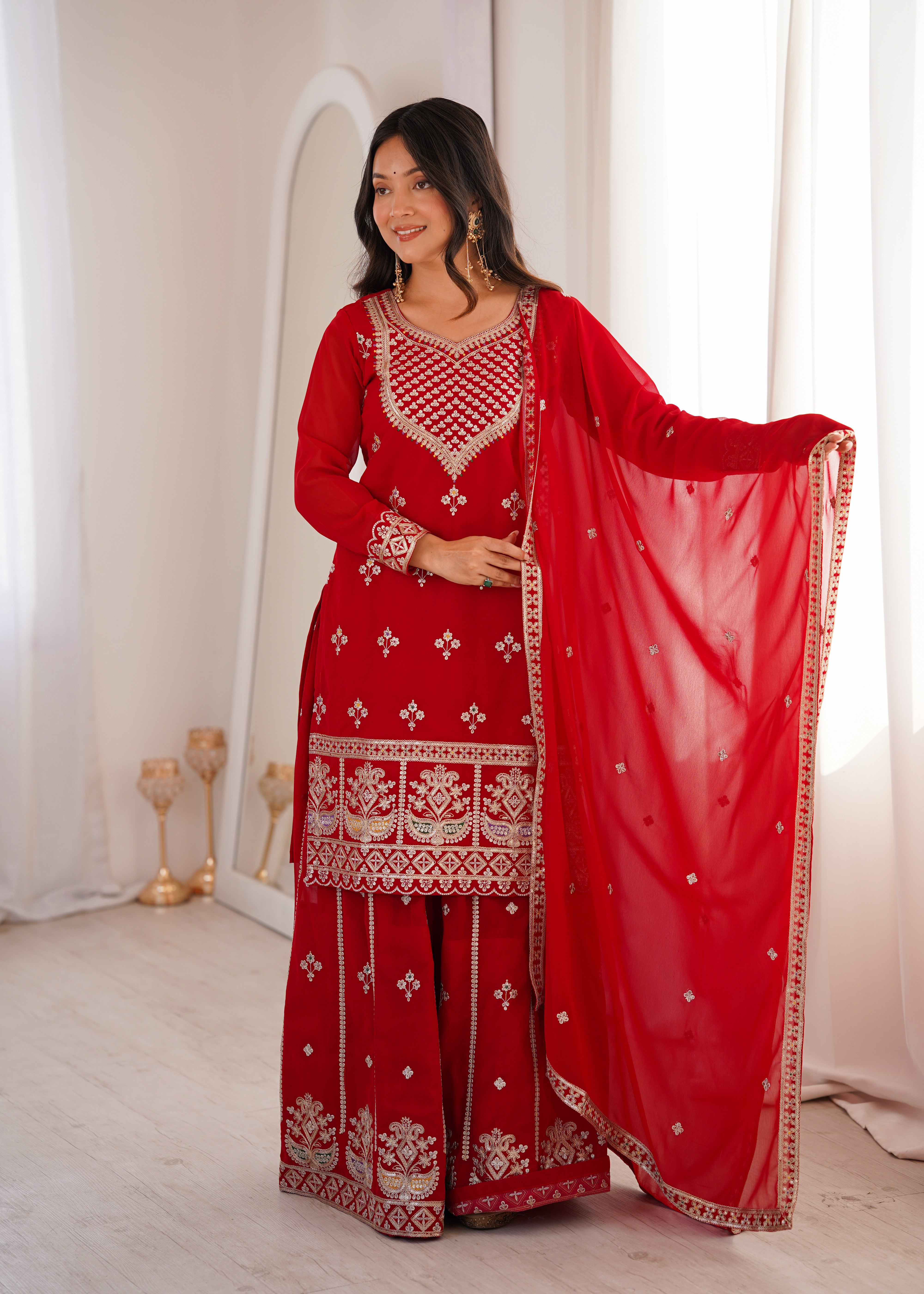Embroidered Pure Fox Georgette Sharara Suit Set with Dupatta