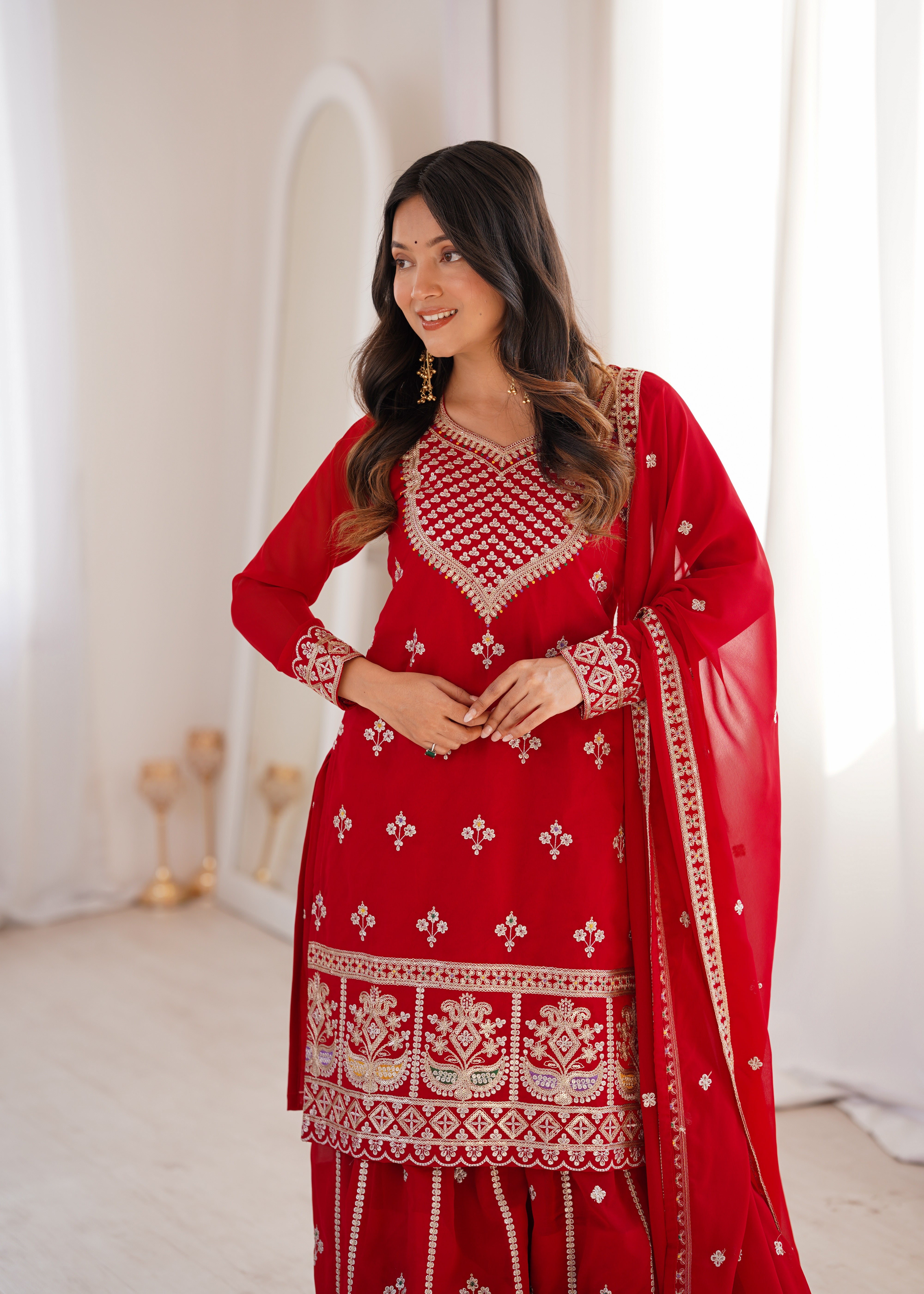 Embroidered Pure Fox Georgette Sharara Suit Set with Dupatta