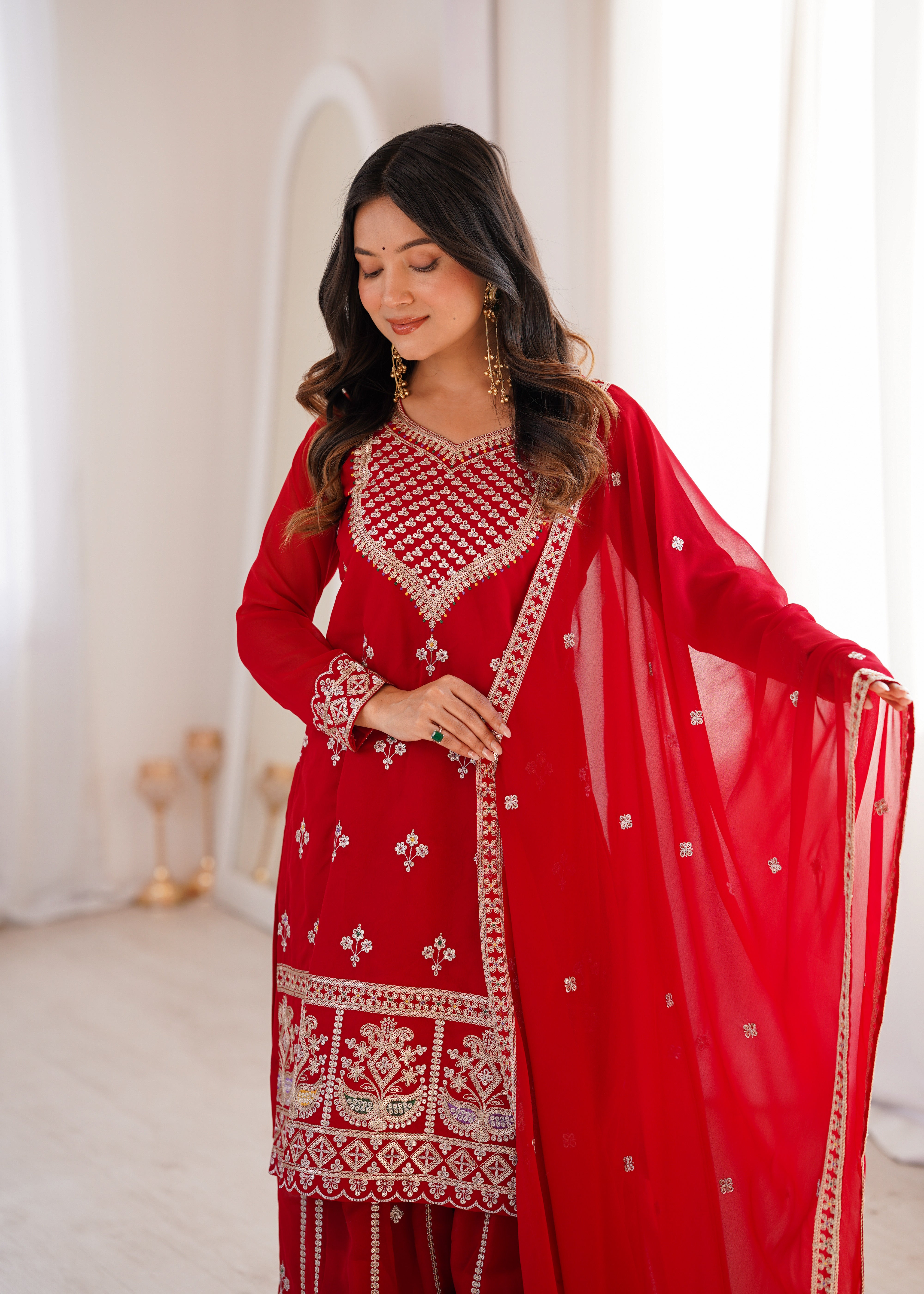 Embroidered Pure Fox Georgette Sharara Suit Set with Dupatta