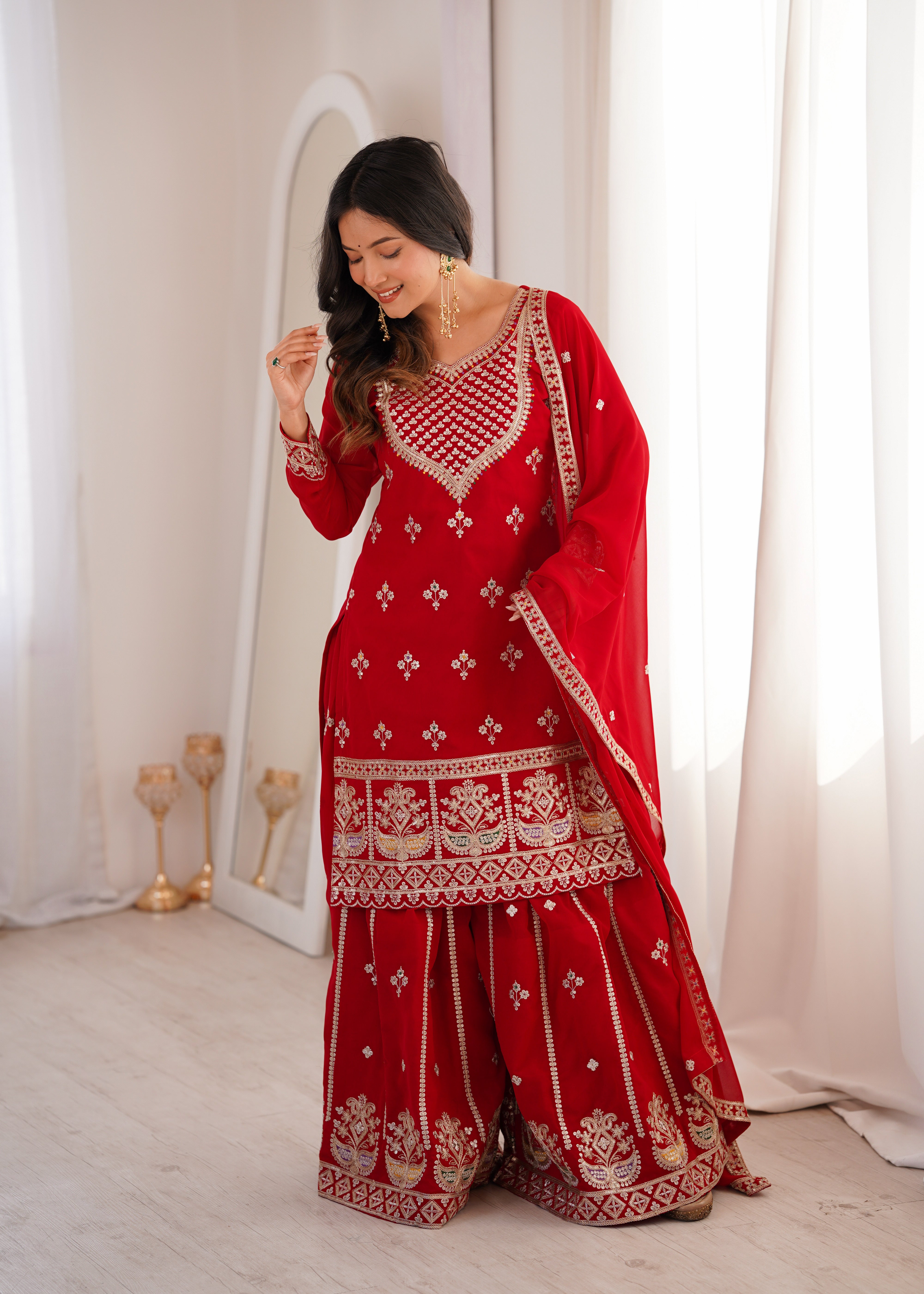Embroidered Pure Fox Georgette Sharara Suit Set with Dupatta
