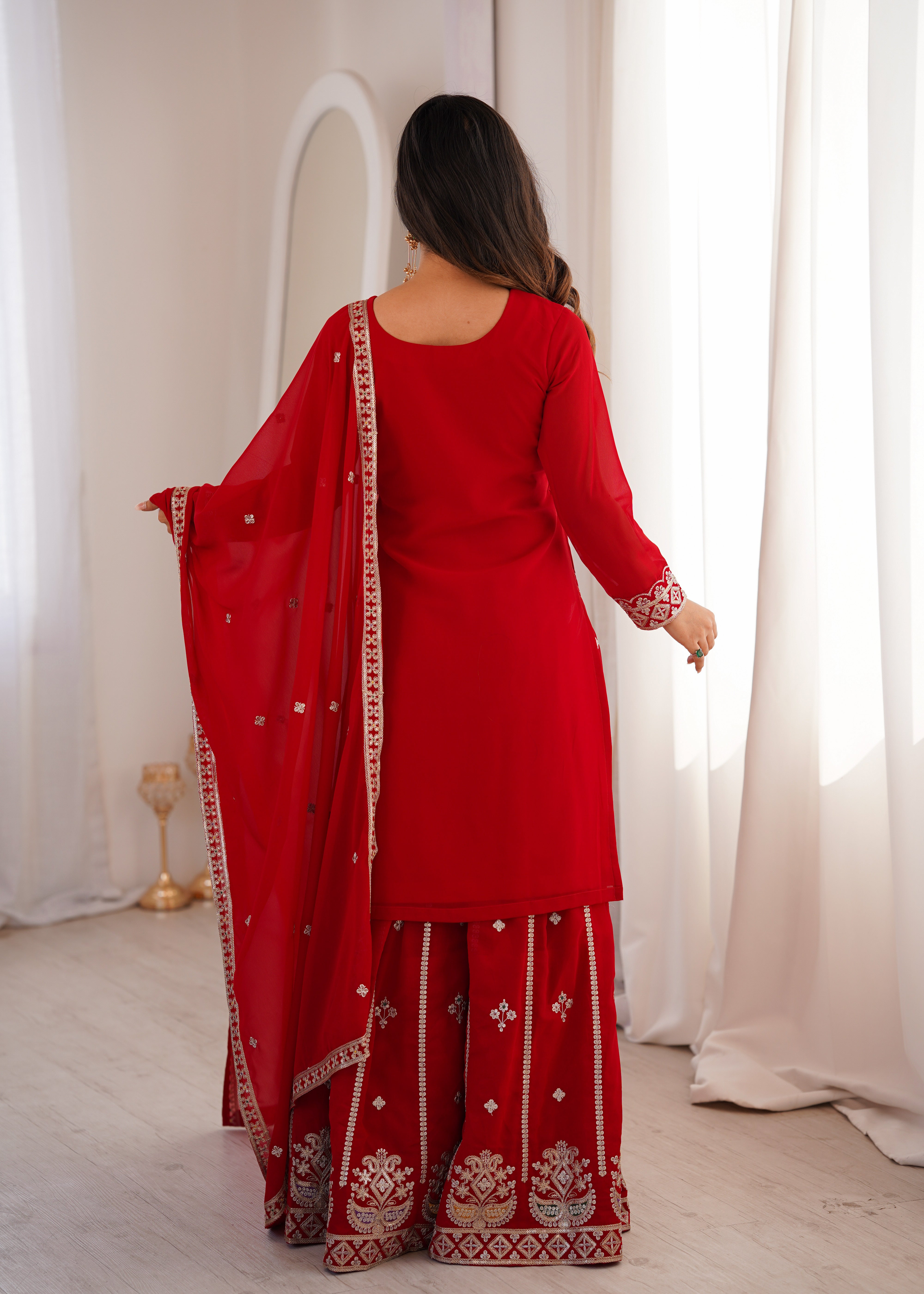 Embroidered Pure Fox Georgette Sharara Suit Set with Dupatta