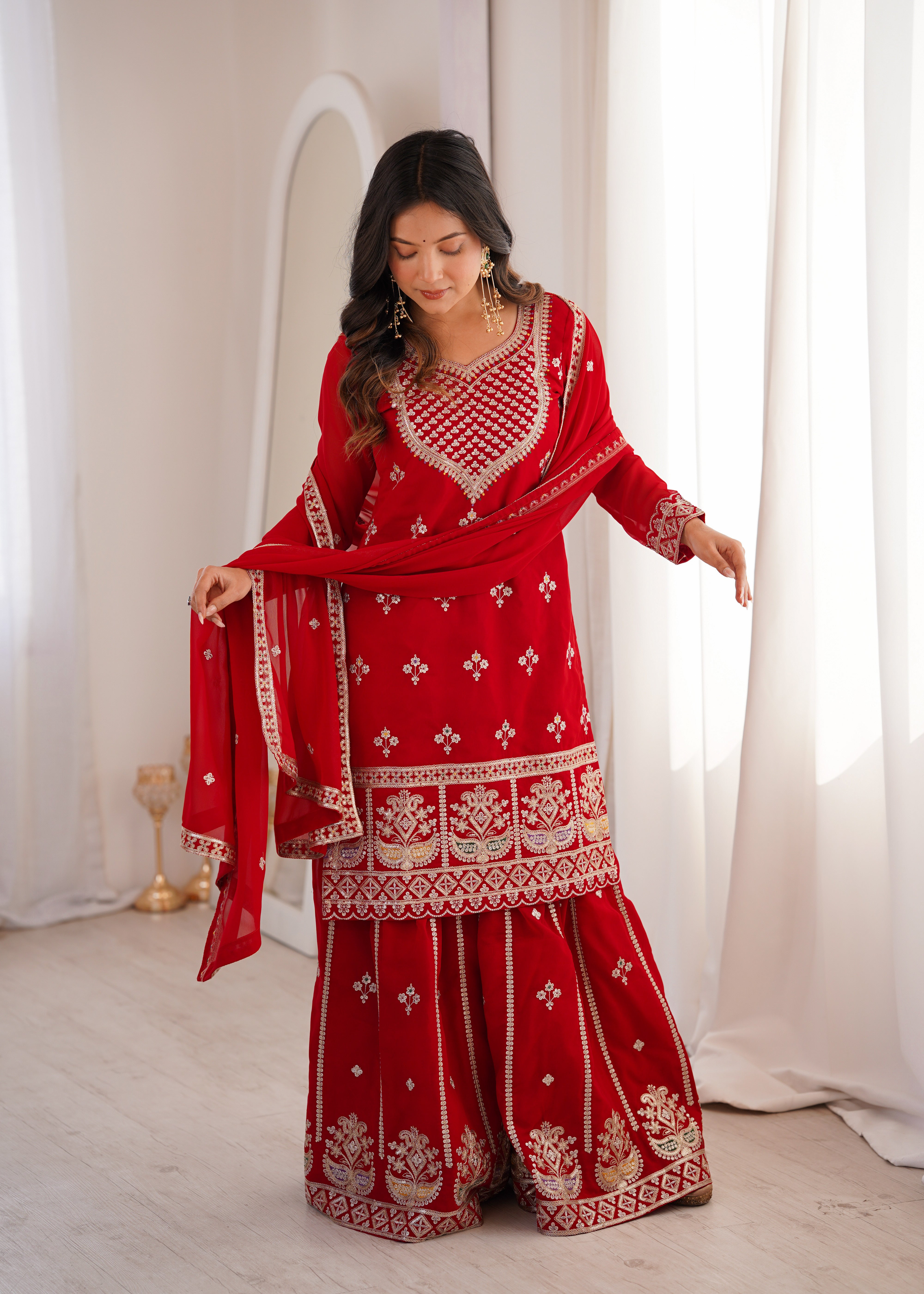 Embroidered Pure Fox Georgette Sharara Suit Set with Dupatta