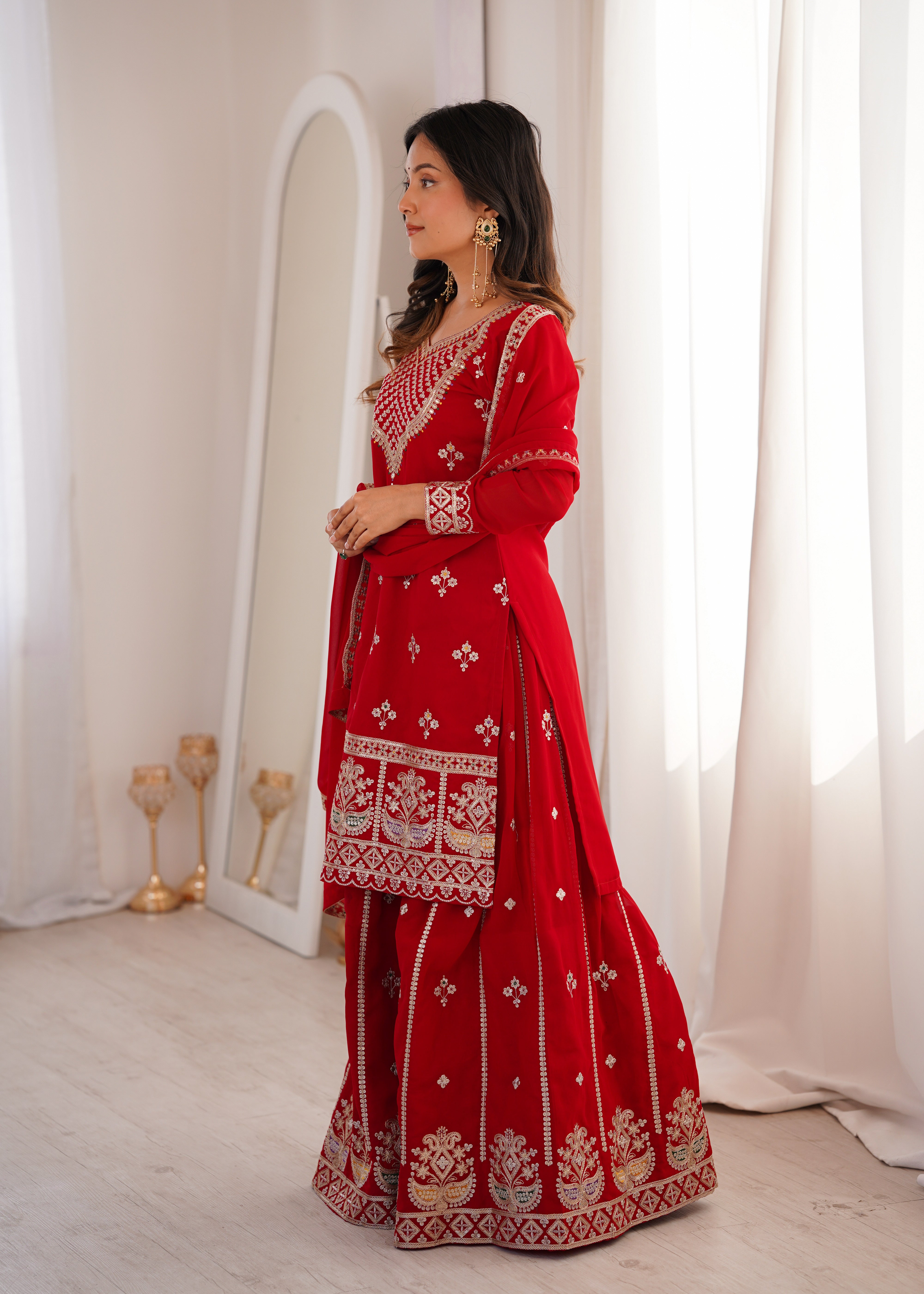 Embroidered Pure Fox Georgette Sharara Suit Set with Dupatta