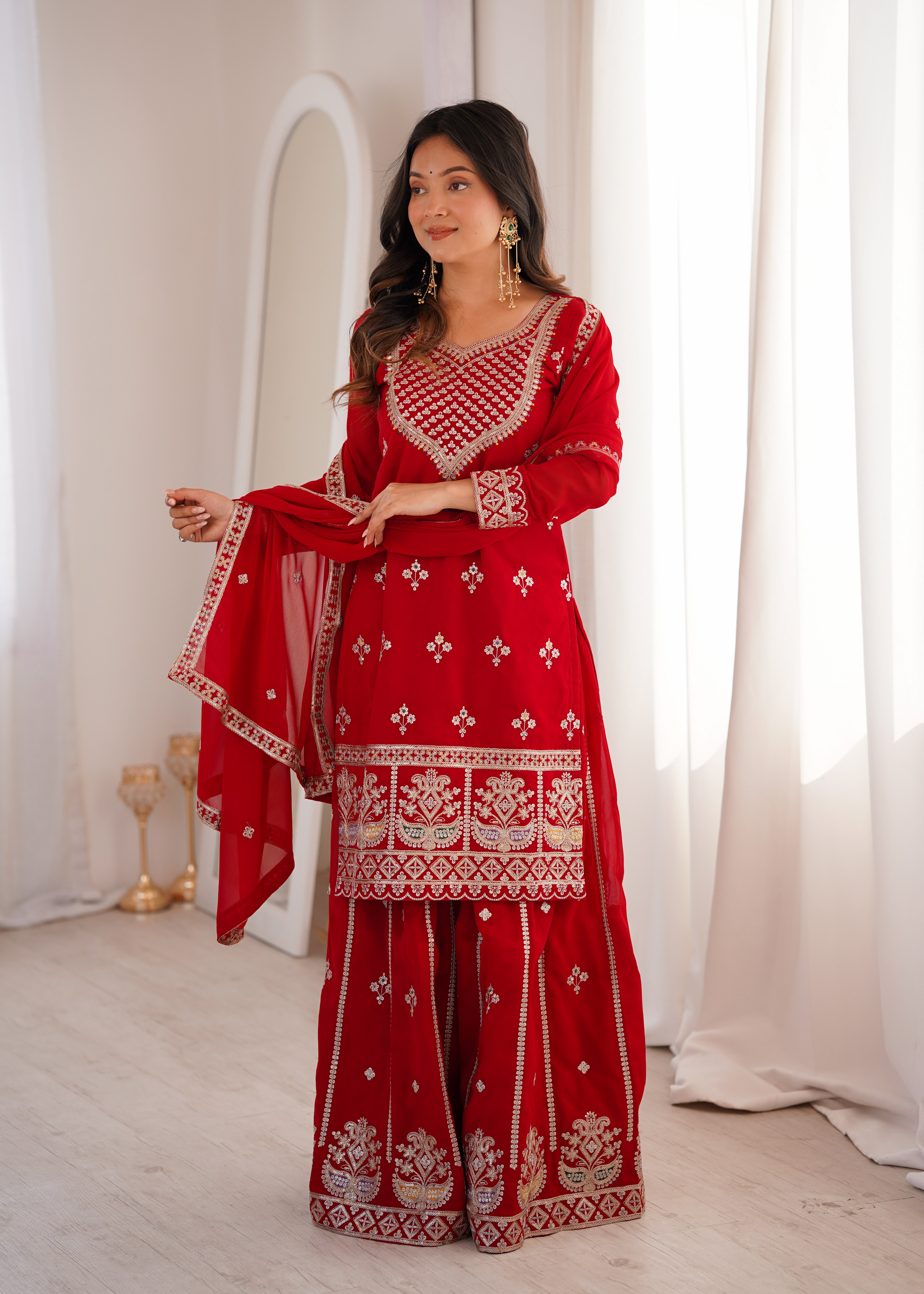 Embroidered Pure Fox Georgette Sharara Suit Set with Dupatta