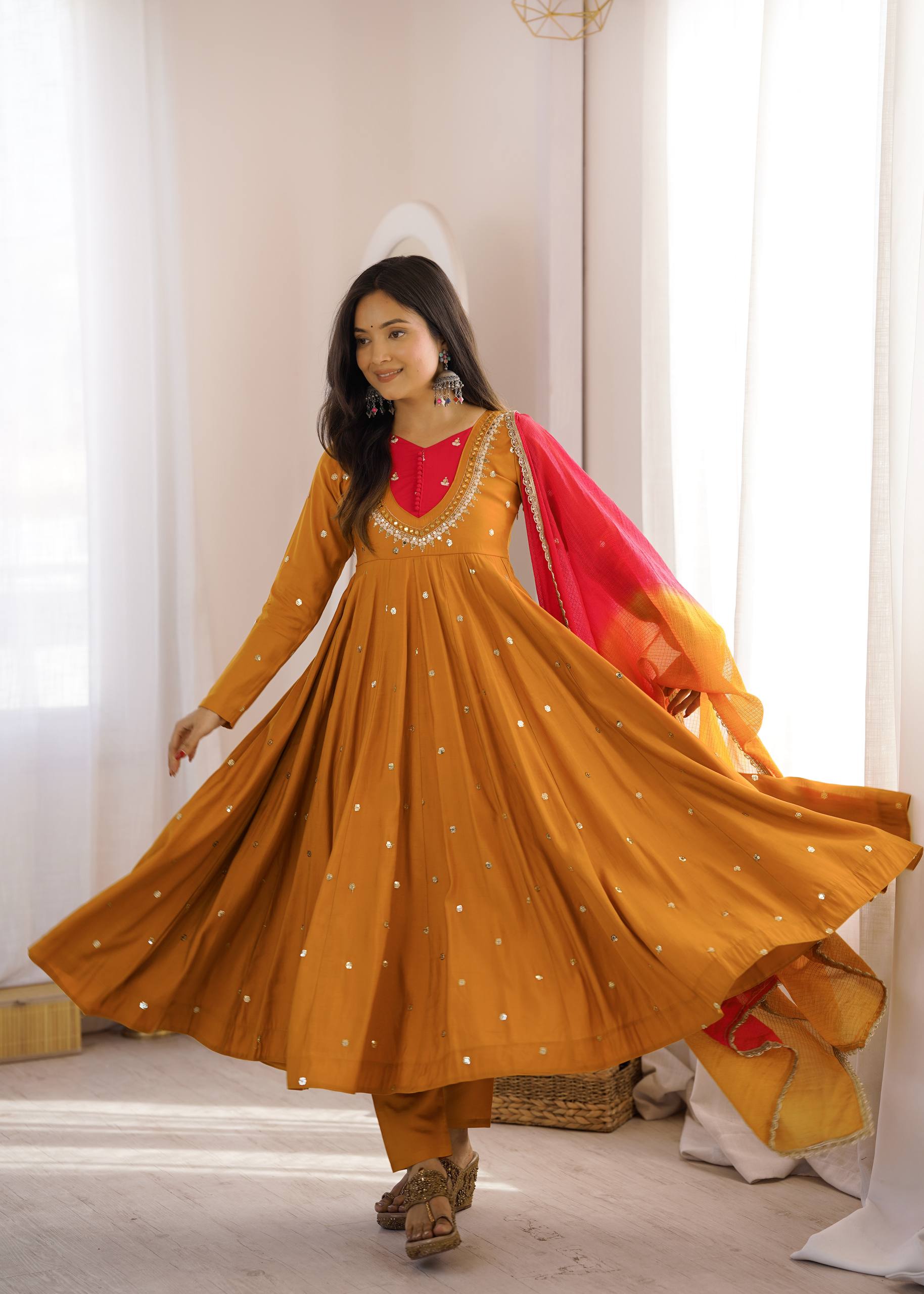 Roman Silk Embroidered Anarkali Gown with Real Mirror Work Three Piece Set