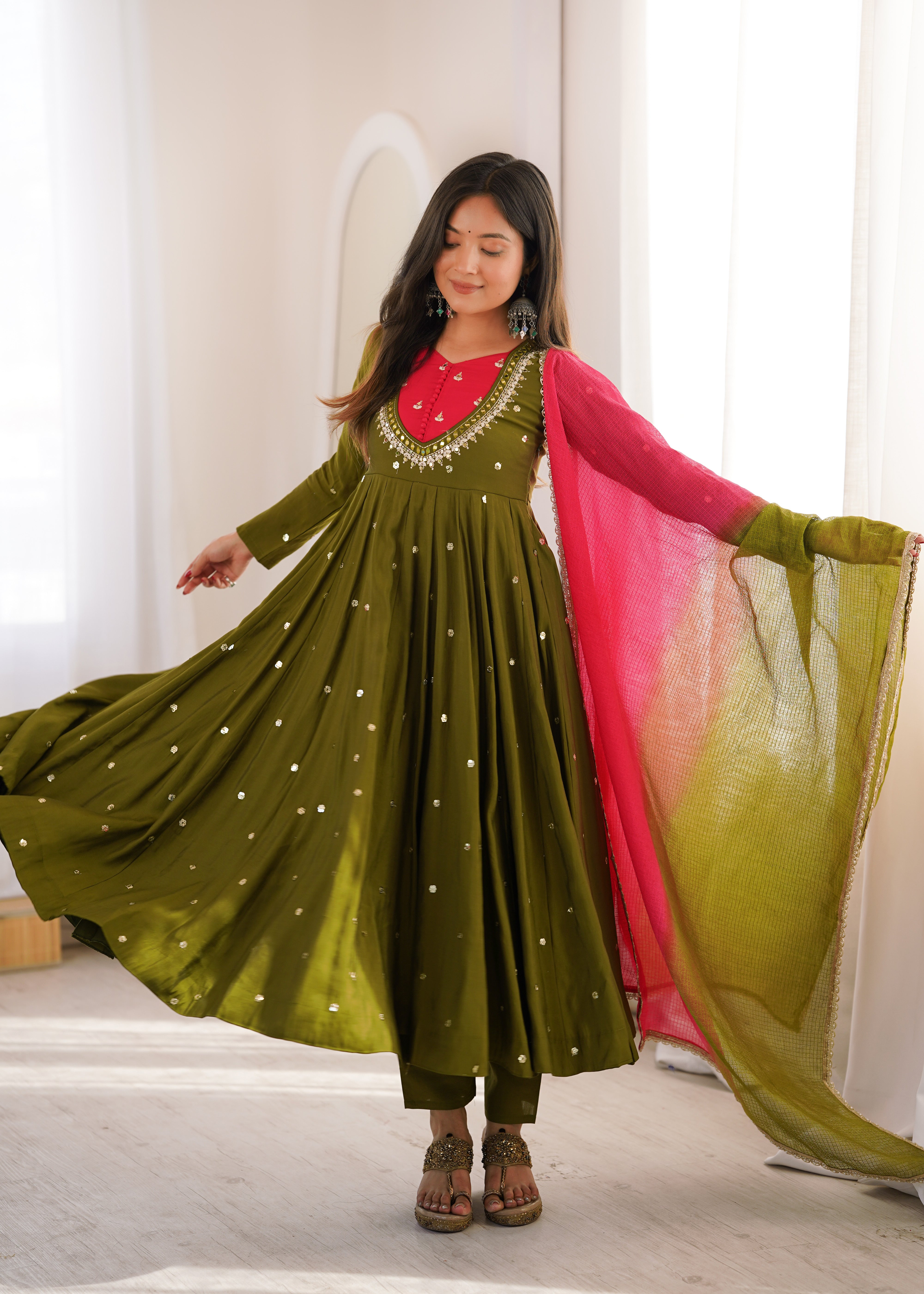 Roman Silk Embroidered Anarkali Gown with Real Mirror Work Three Piece Set