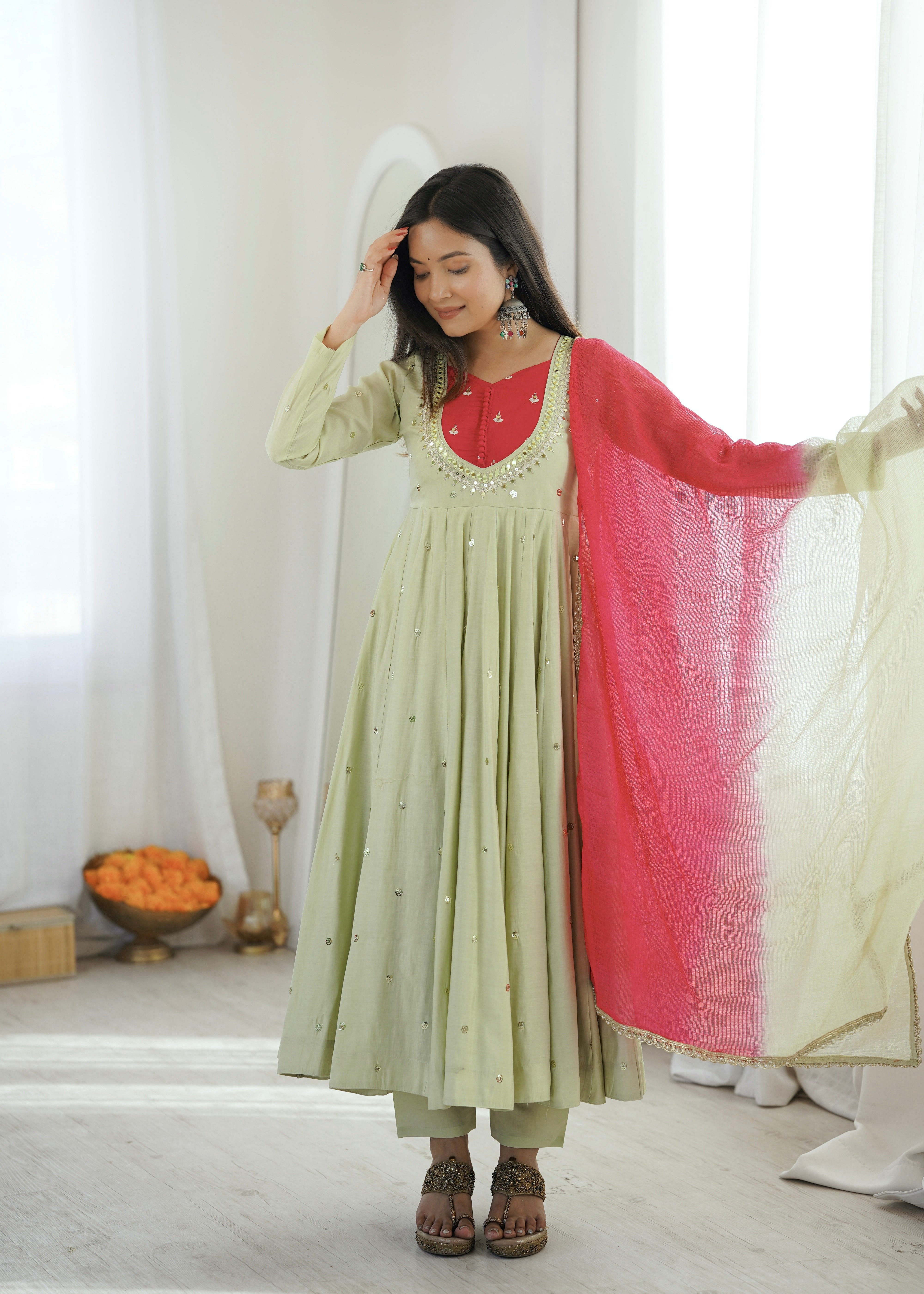 Roman Silk Embroidered Anarkali Gown with Real Mirror Work Three Piece Set