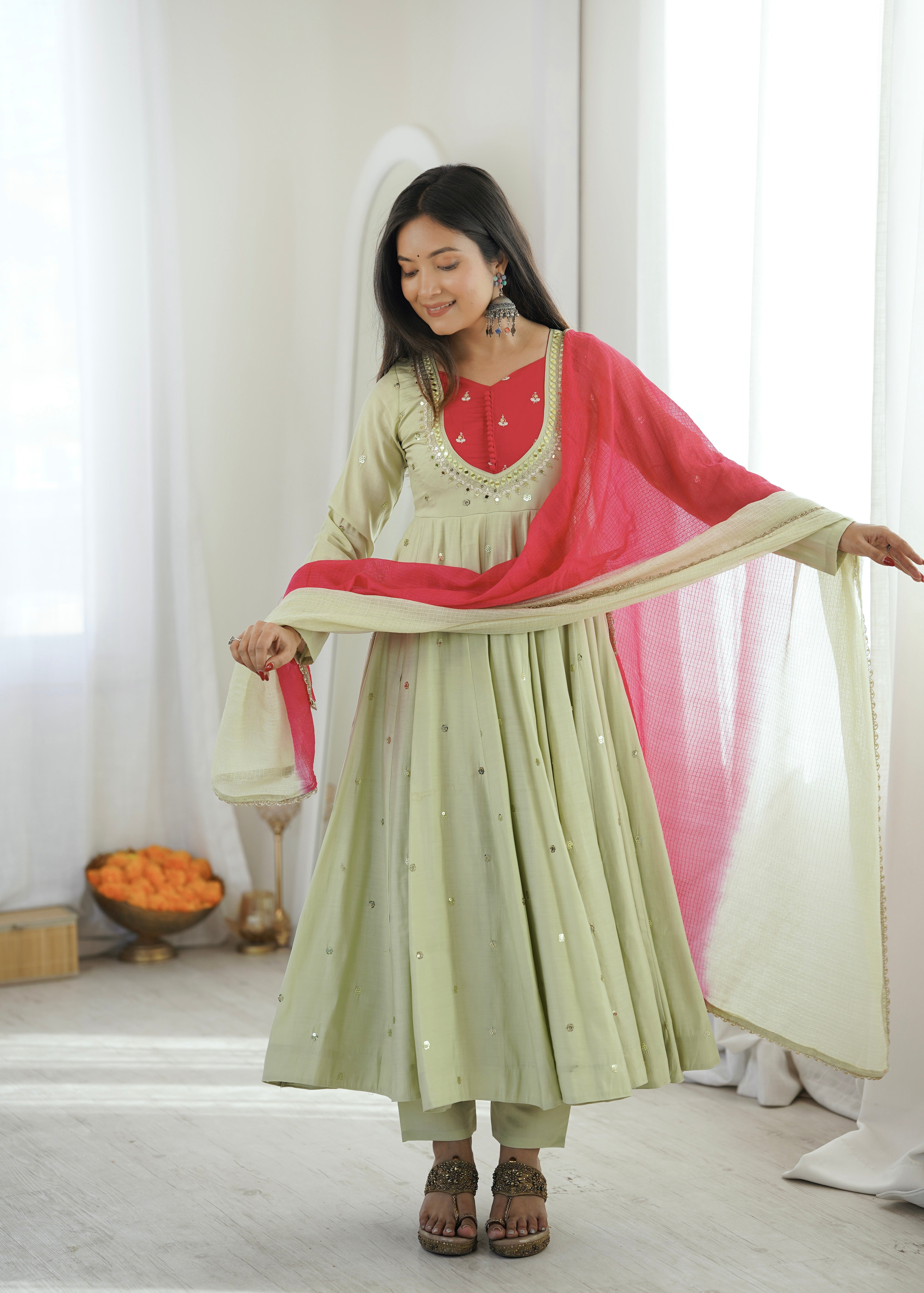 Roman Silk Embroidered Anarkali Gown with Real Mirror Work Three Piece Set