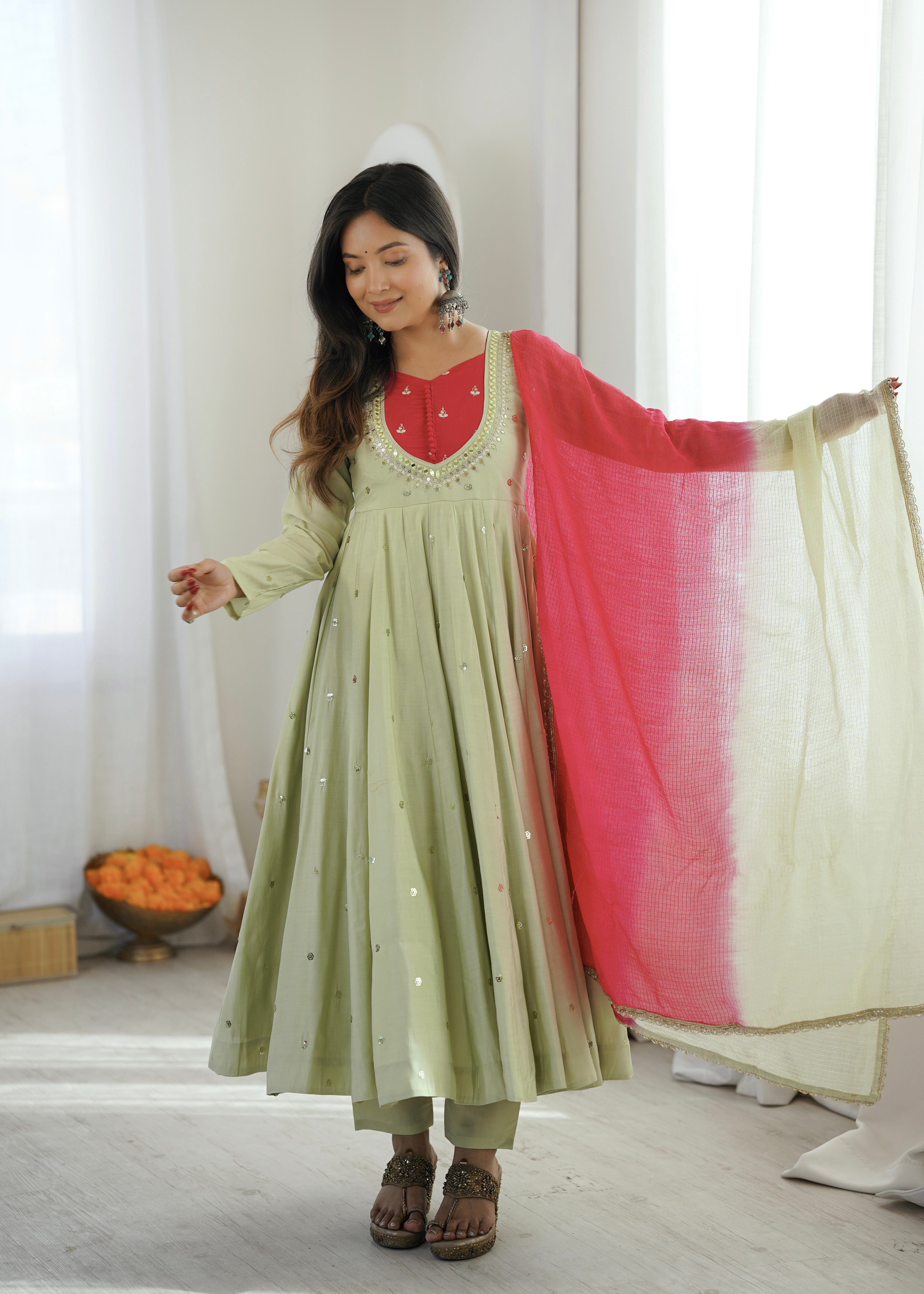 Roman Silk Embroidered Anarkali Gown with Real Mirror Work Three Piece Set