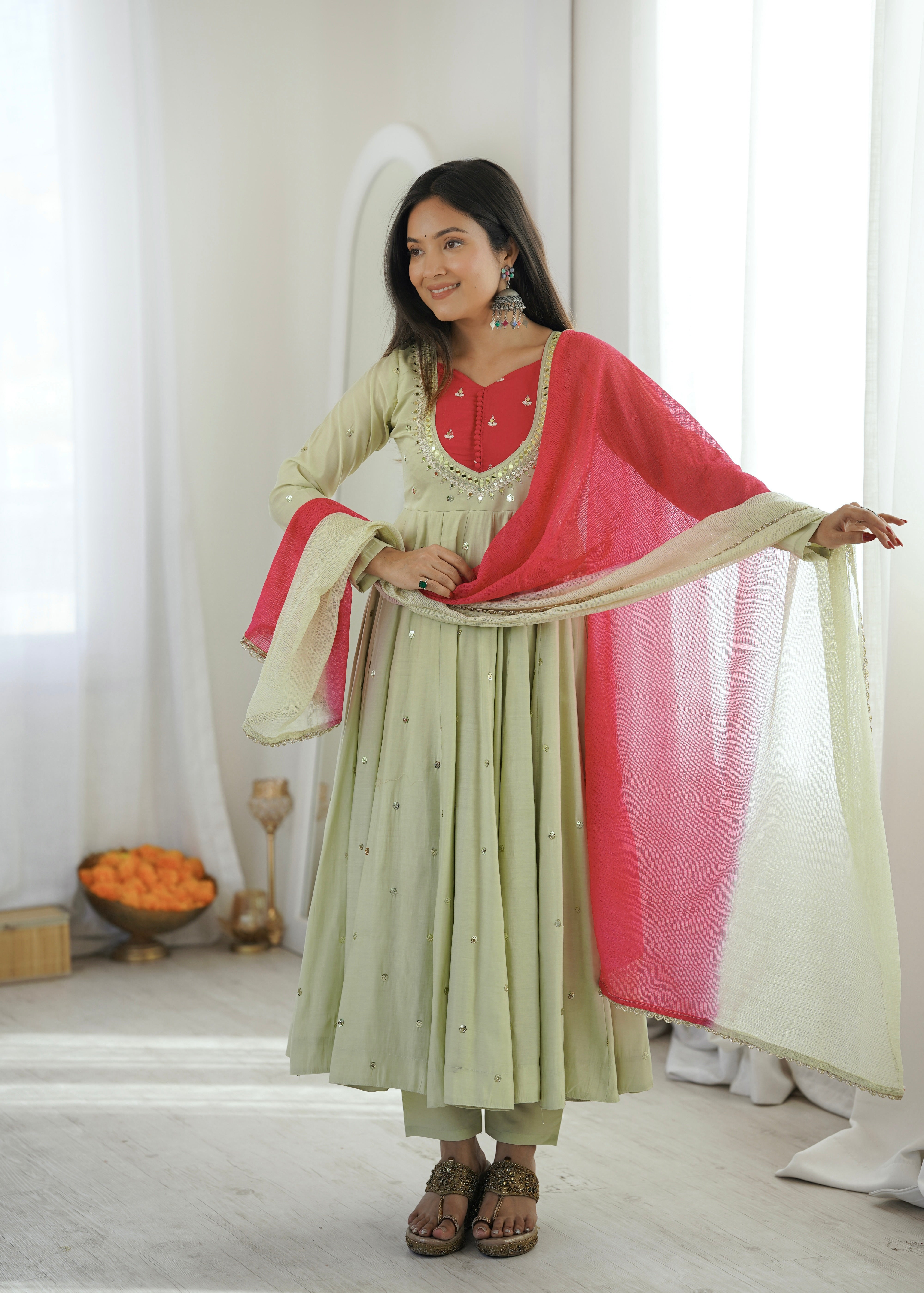 Roman Silk Embroidered Anarkali Gown with Real Mirror Work Three Piece Set