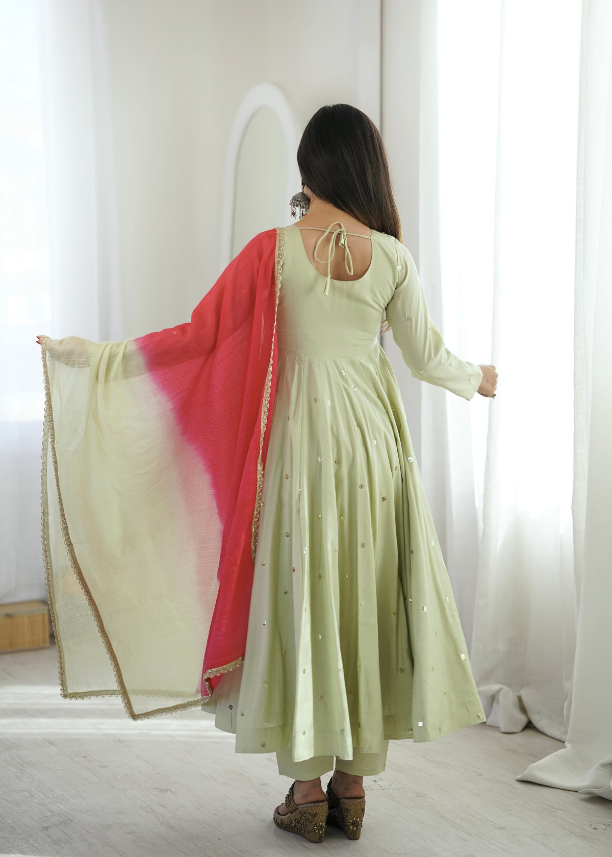 Roman Silk Embroidered Anarkali Gown with Real Mirror Work Three Piece Set