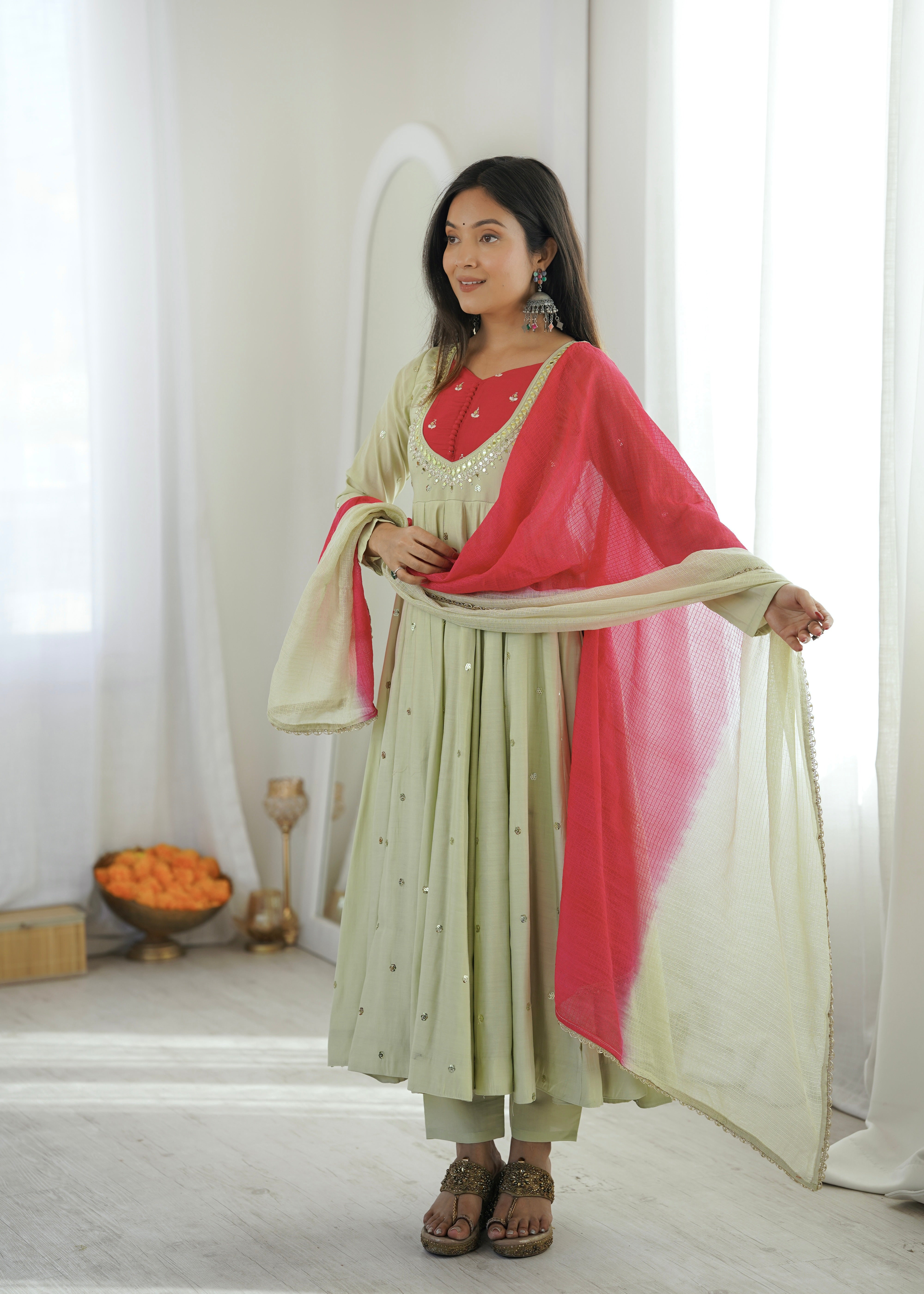 Roman Silk Embroidered Anarkali Gown with Real Mirror Work Three Piece Set