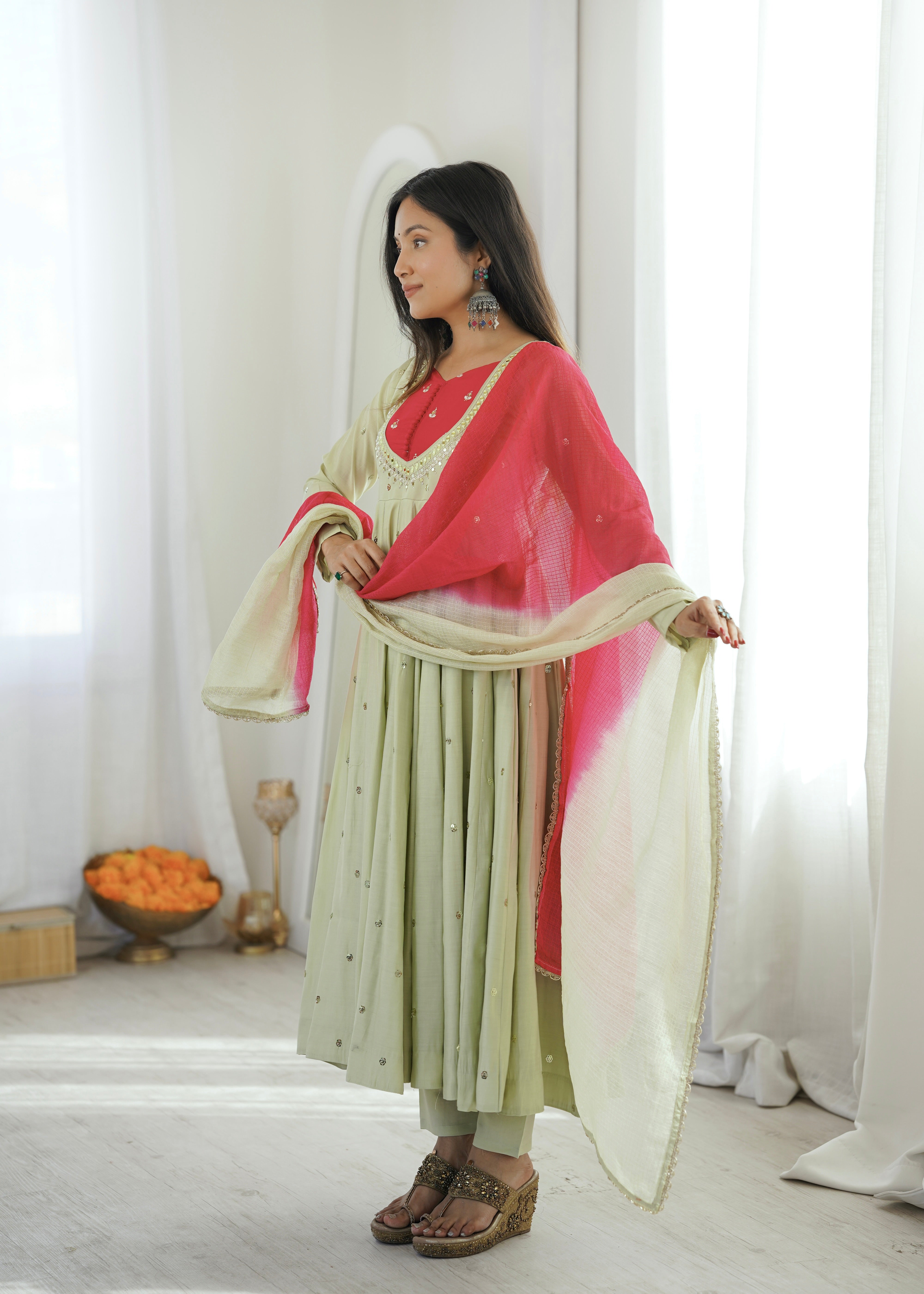 Roman Silk Embroidered Anarkali Gown with Real Mirror Work Three Piece Set