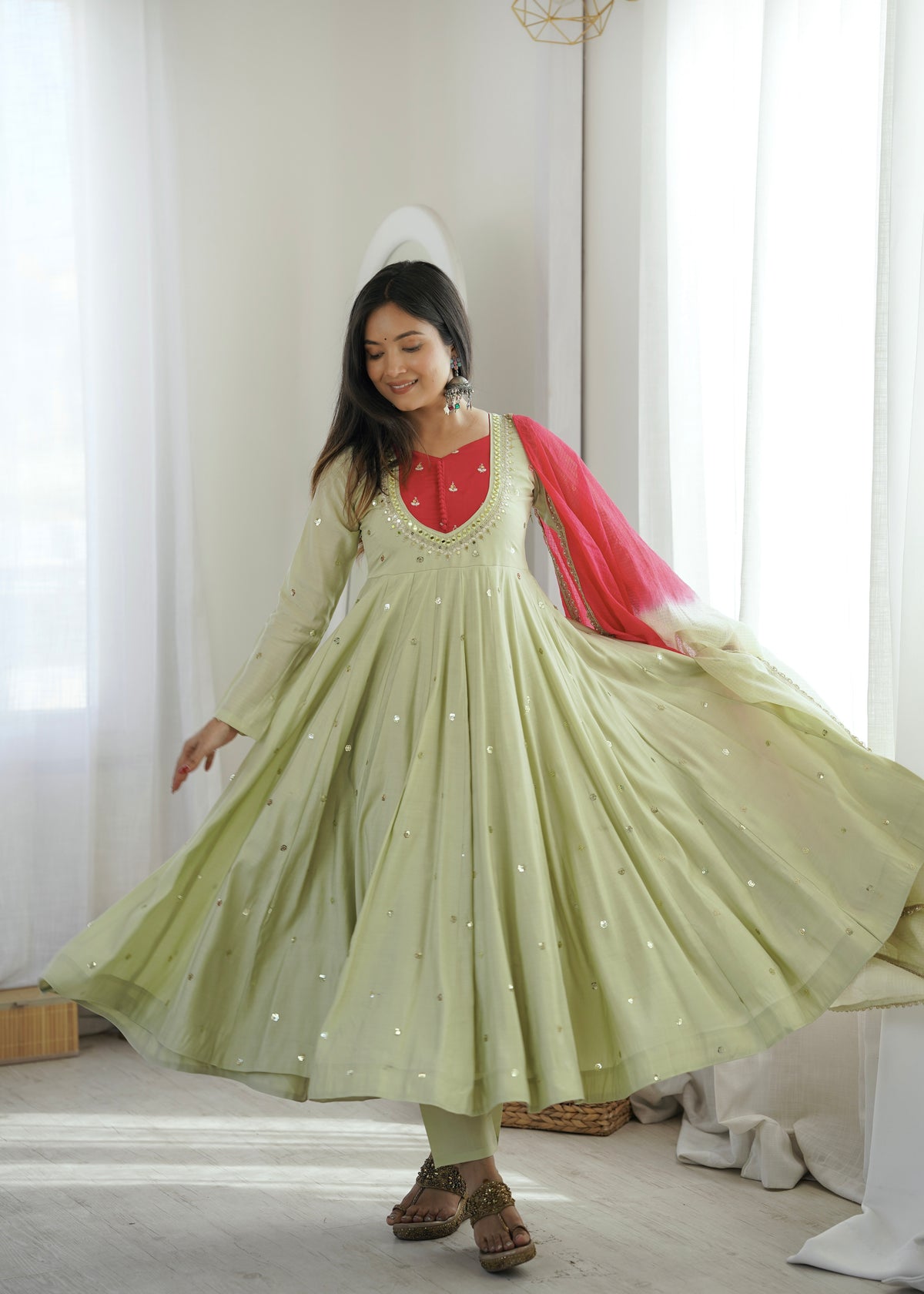 Roman Silk Embroidered Anarkali Gown with Real Mirror Work Three Piece Set