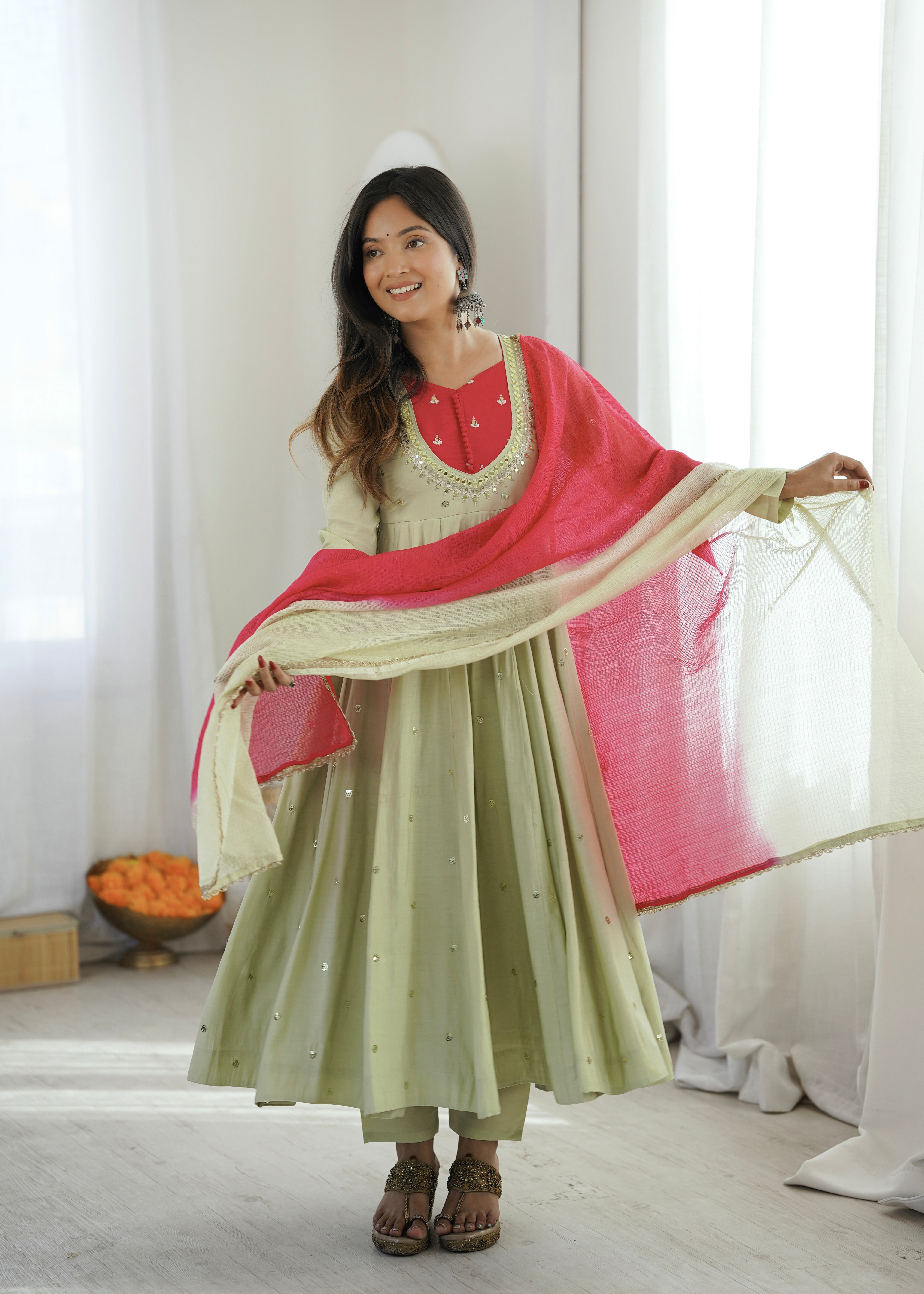 Roman Silk Embroidered Anarkali Gown with Real Mirror Work Three Piece Set