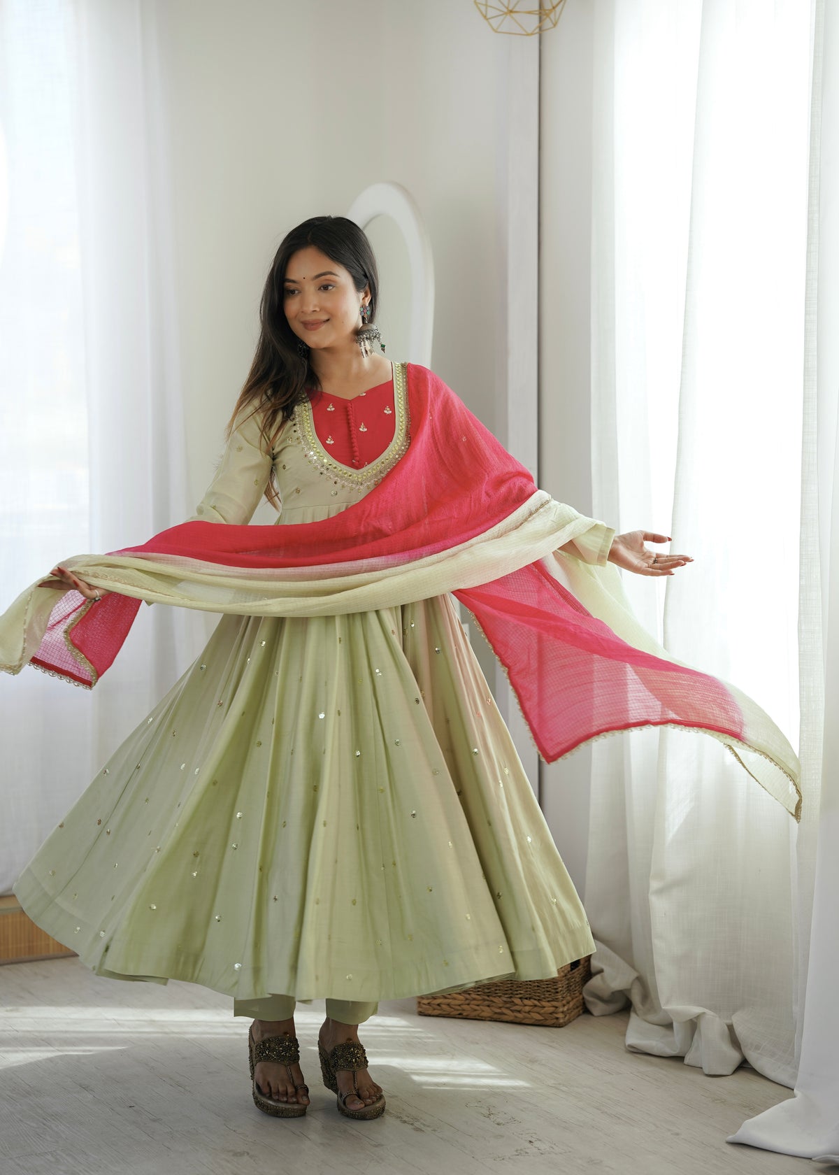 Roman Silk Embroidered Anarkali Gown with Real Mirror Work Three Piece Set