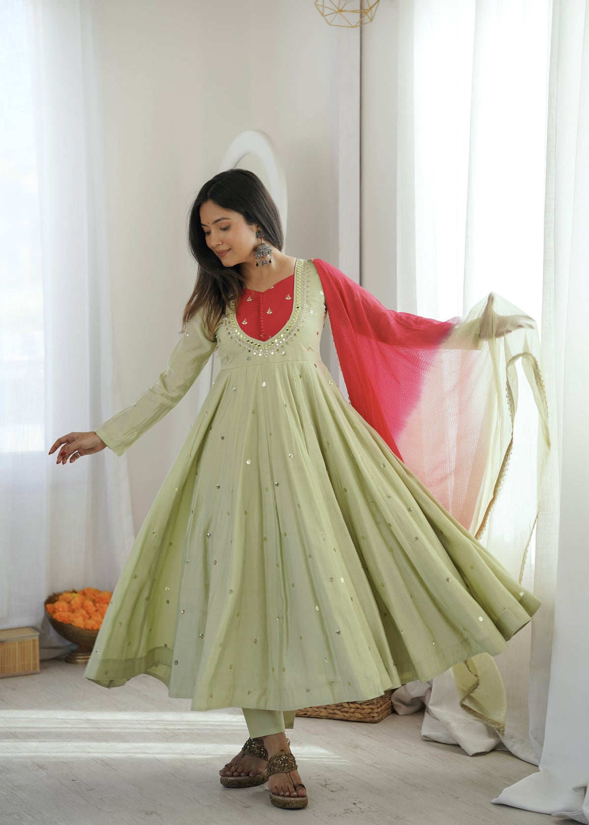Roman Silk Embroidered Anarkali Gown with Real Mirror Work Three Piece Set