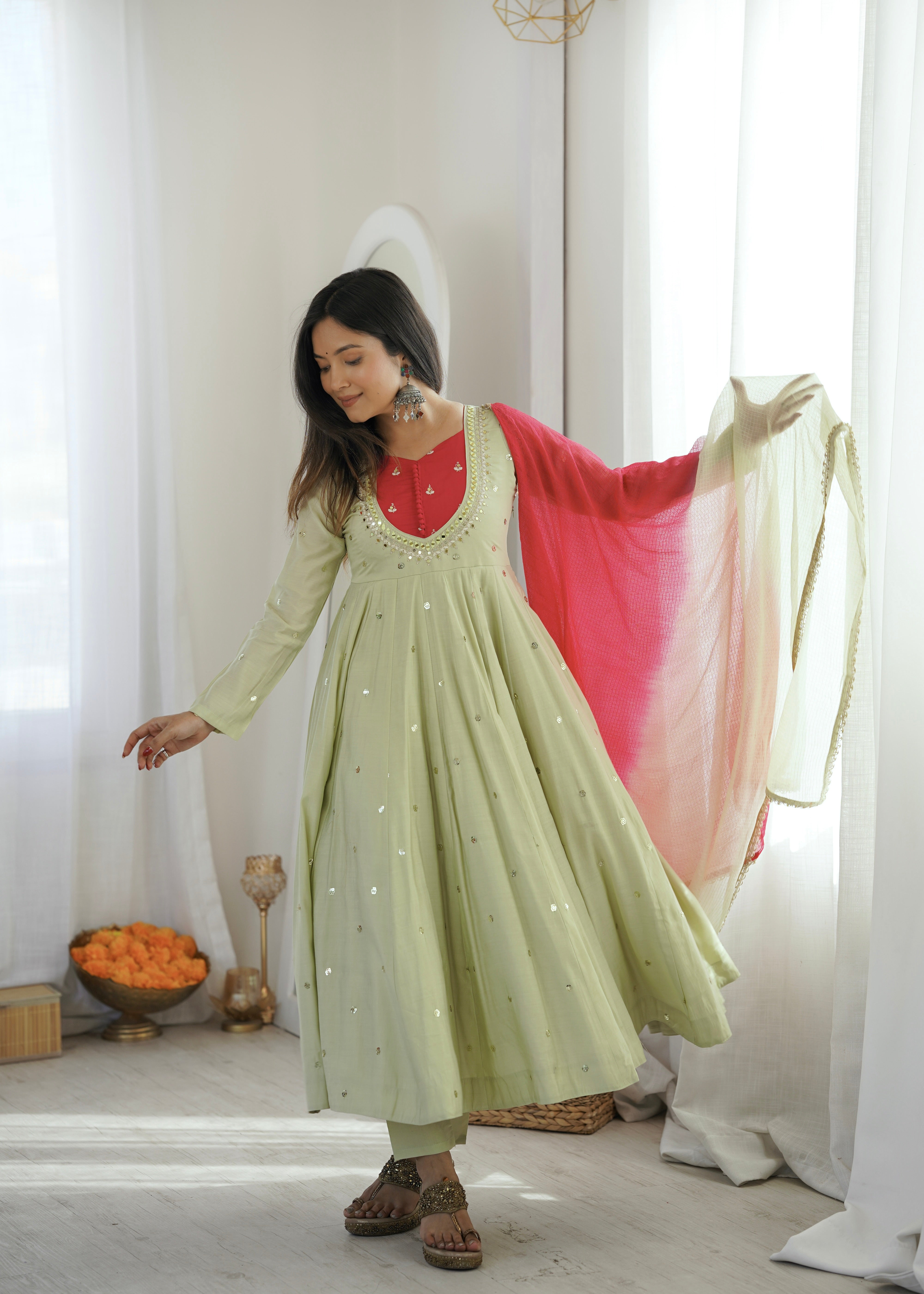 Roman Silk Embroidered Anarkali Gown with Real Mirror Work Three Piece Set