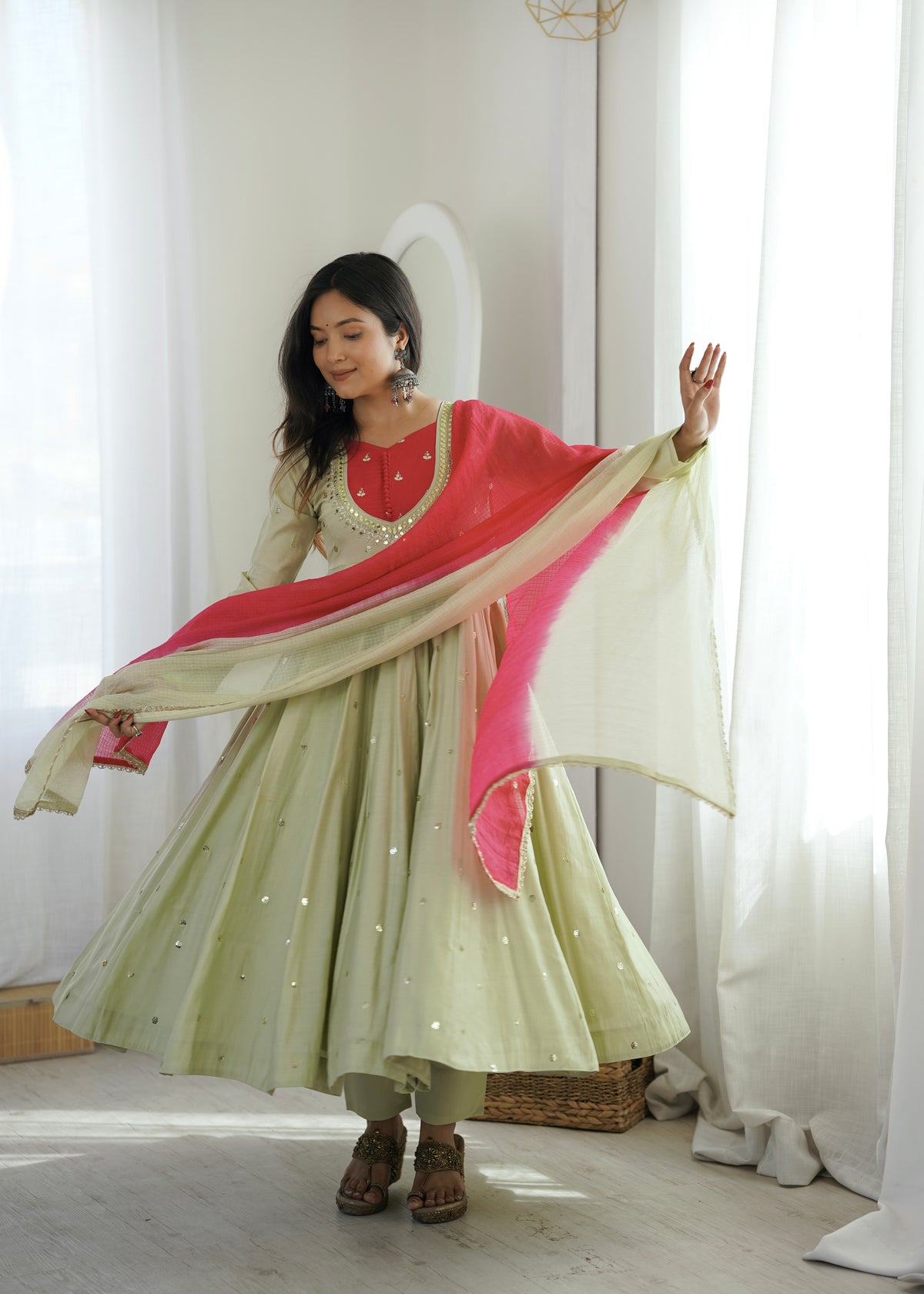 Roman Silk Embroidered Anarkali Gown with Real Mirror Work Three Piece Set