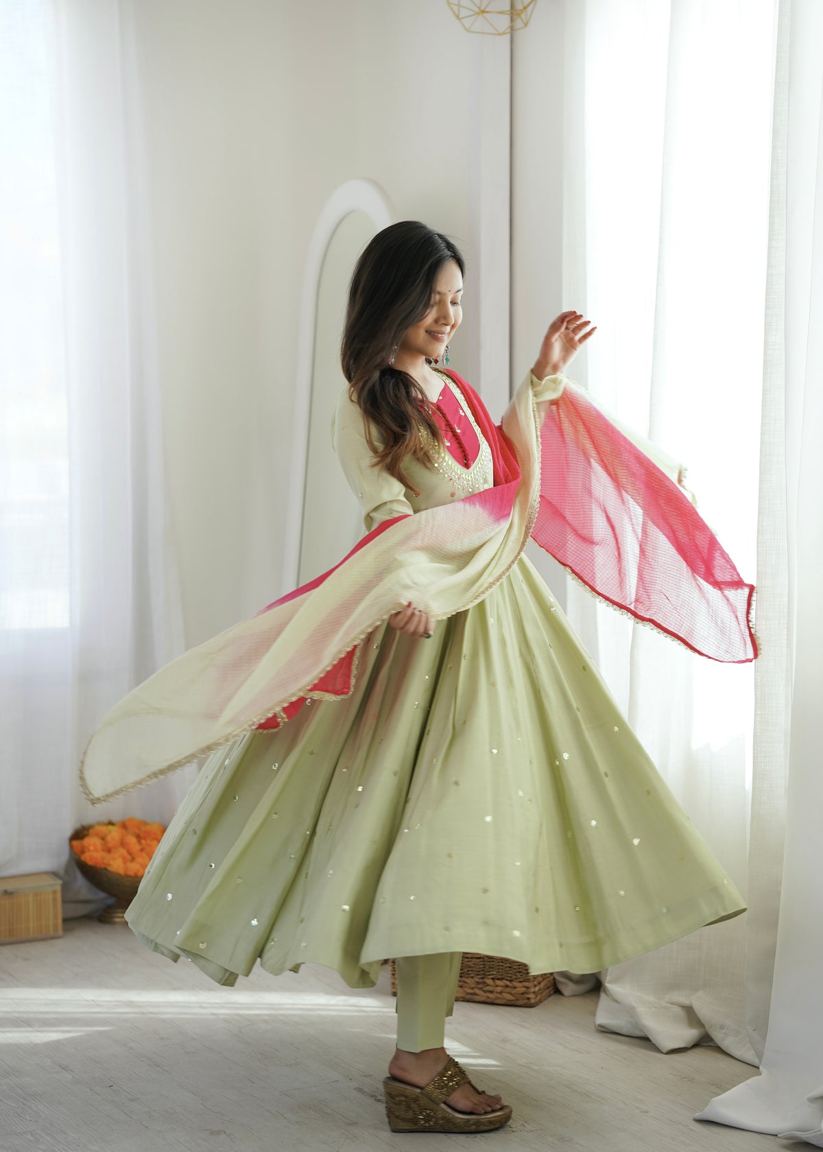 Roman Silk Embroidered Anarkali Gown with Real Mirror Work Three Piece Set