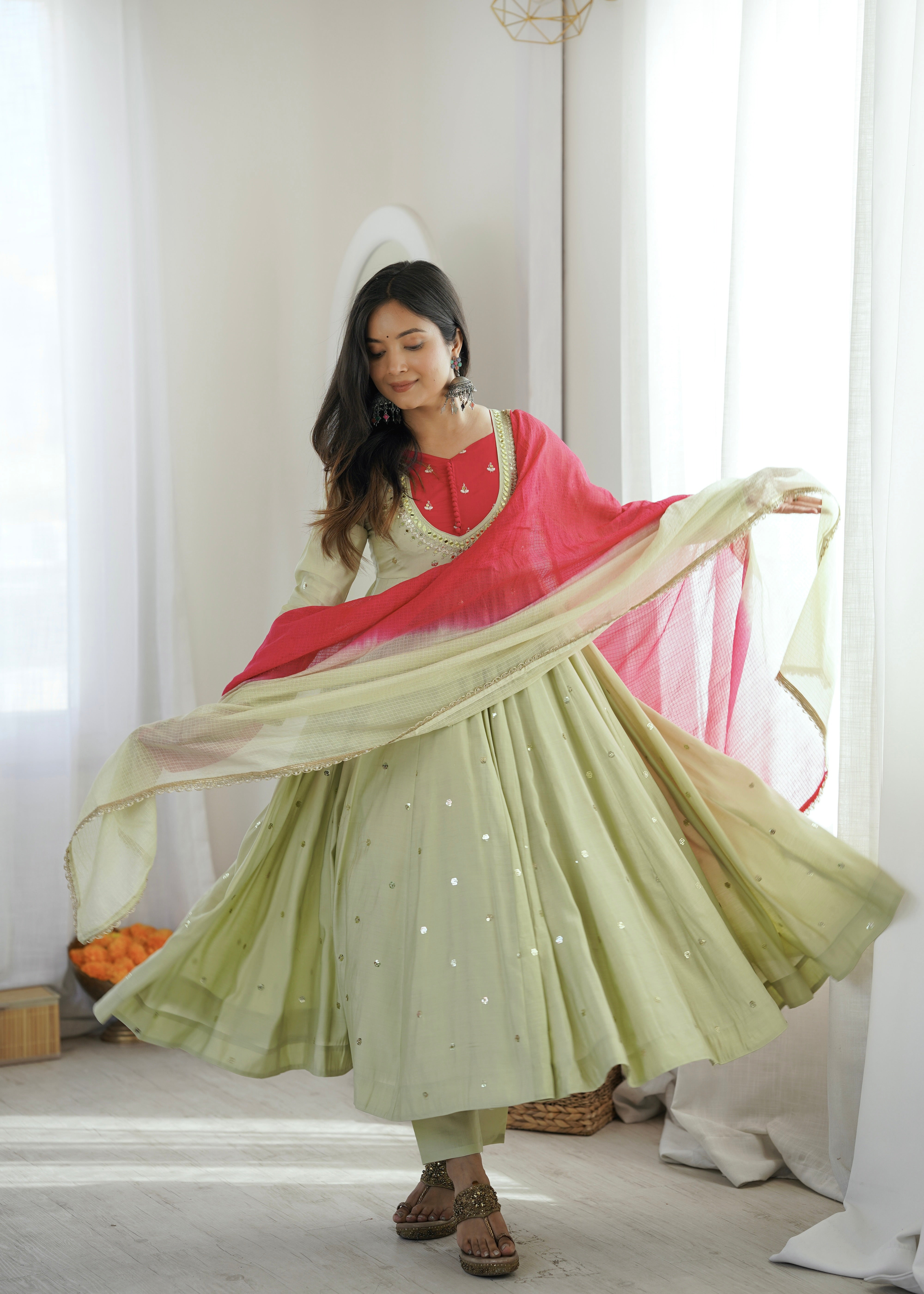 Roman Silk Embroidered Anarkali Gown with Real Mirror Work Three Piece Set