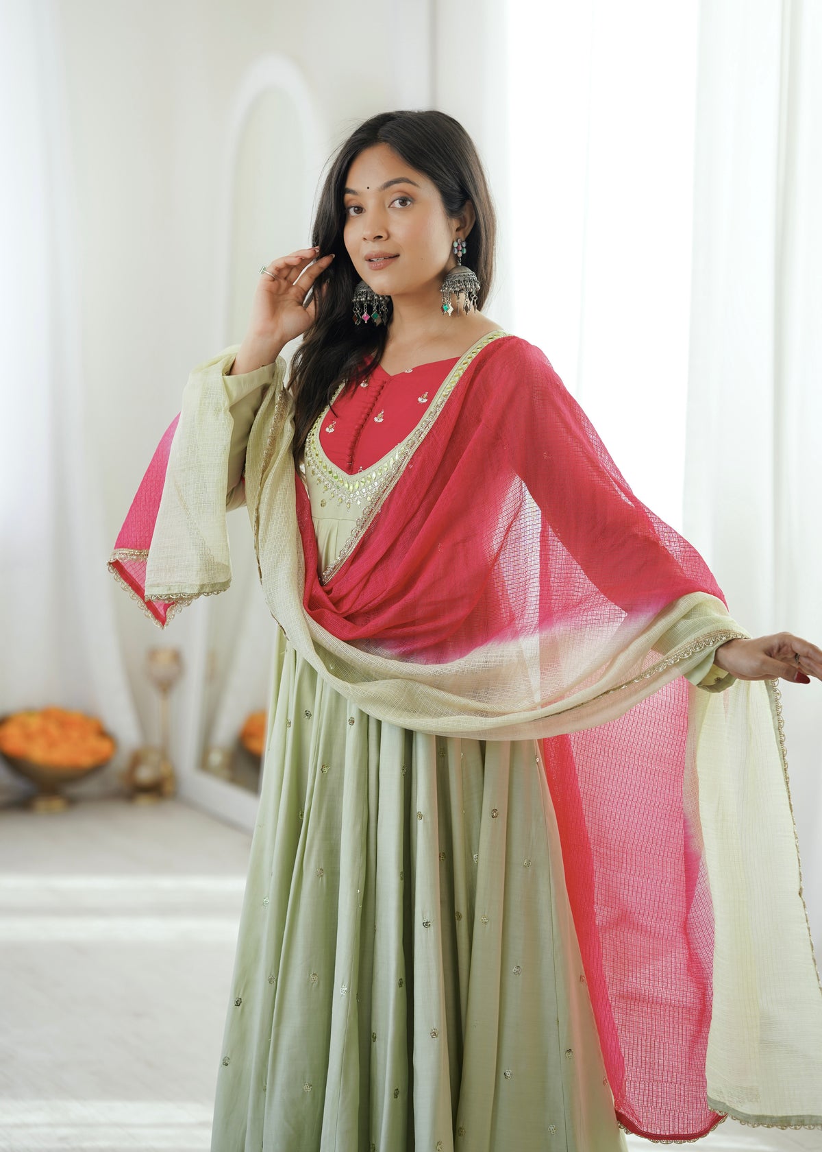 Roman Silk Embroidered Anarkali Gown with Real Mirror Work Three Piece Set