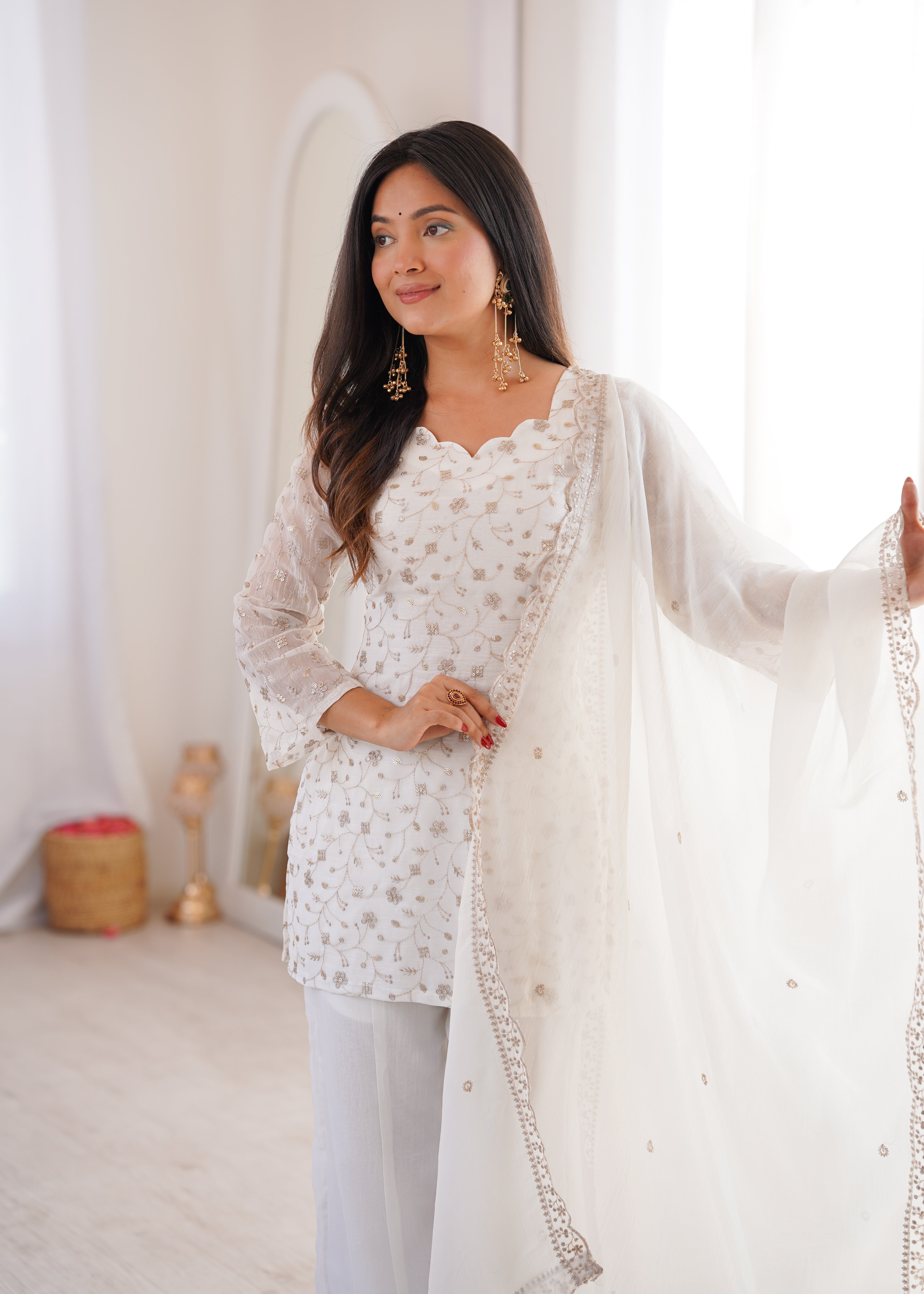 Women's Crunchy Silk Embroidered Kurta Set with Bell Bottom Pant and Dupatta
