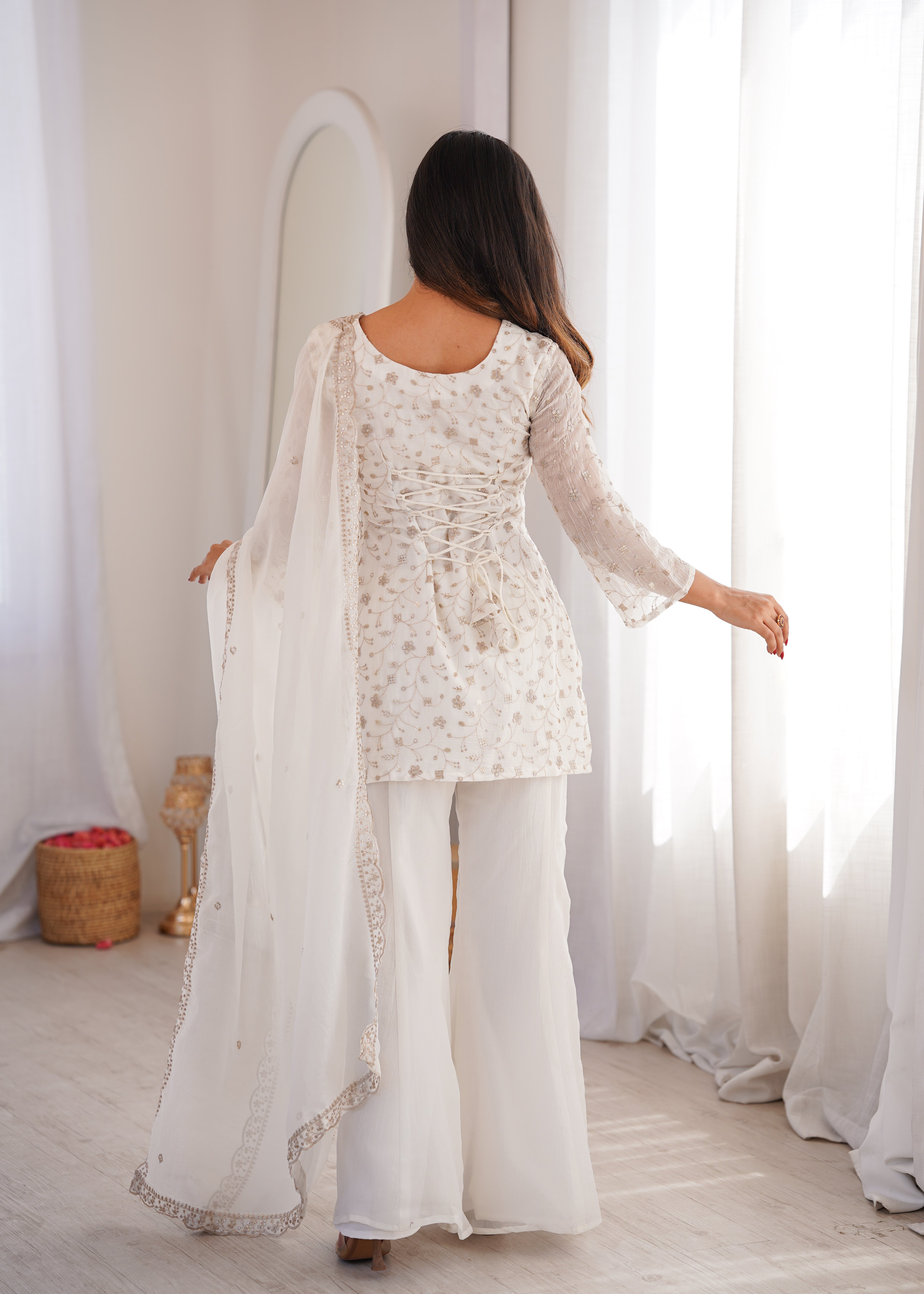 Women's Crunchy Silk Embroidered Kurta Set with Bell Bottom Pant and Dupatta