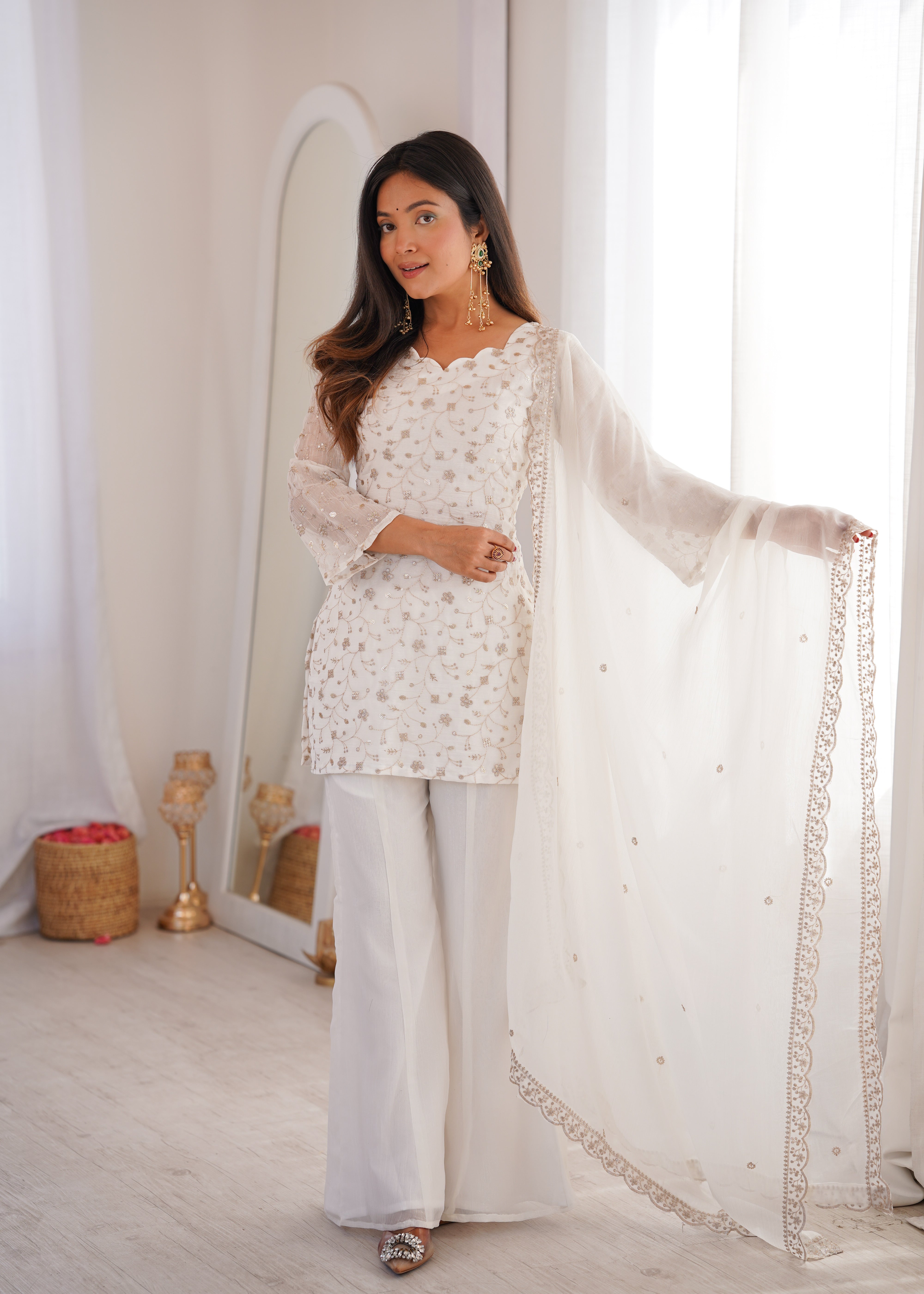 Women's Crunchy Silk Embroidered Kurta Set with Bell Bottom Pant and Dupatta
