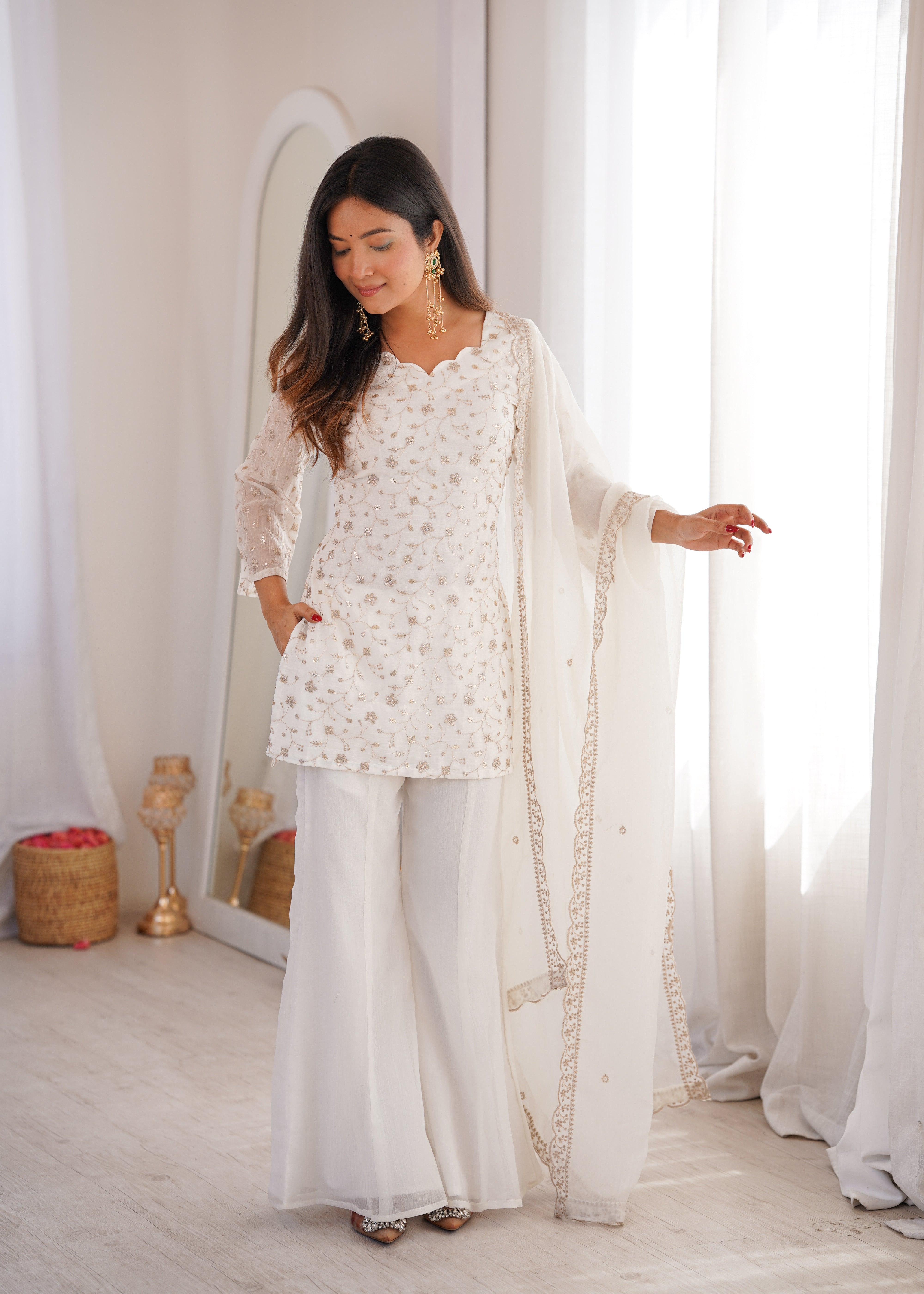 Women's Crunchy Silk Embroidered Kurta Set with Bell Bottom Pant and Dupatta
