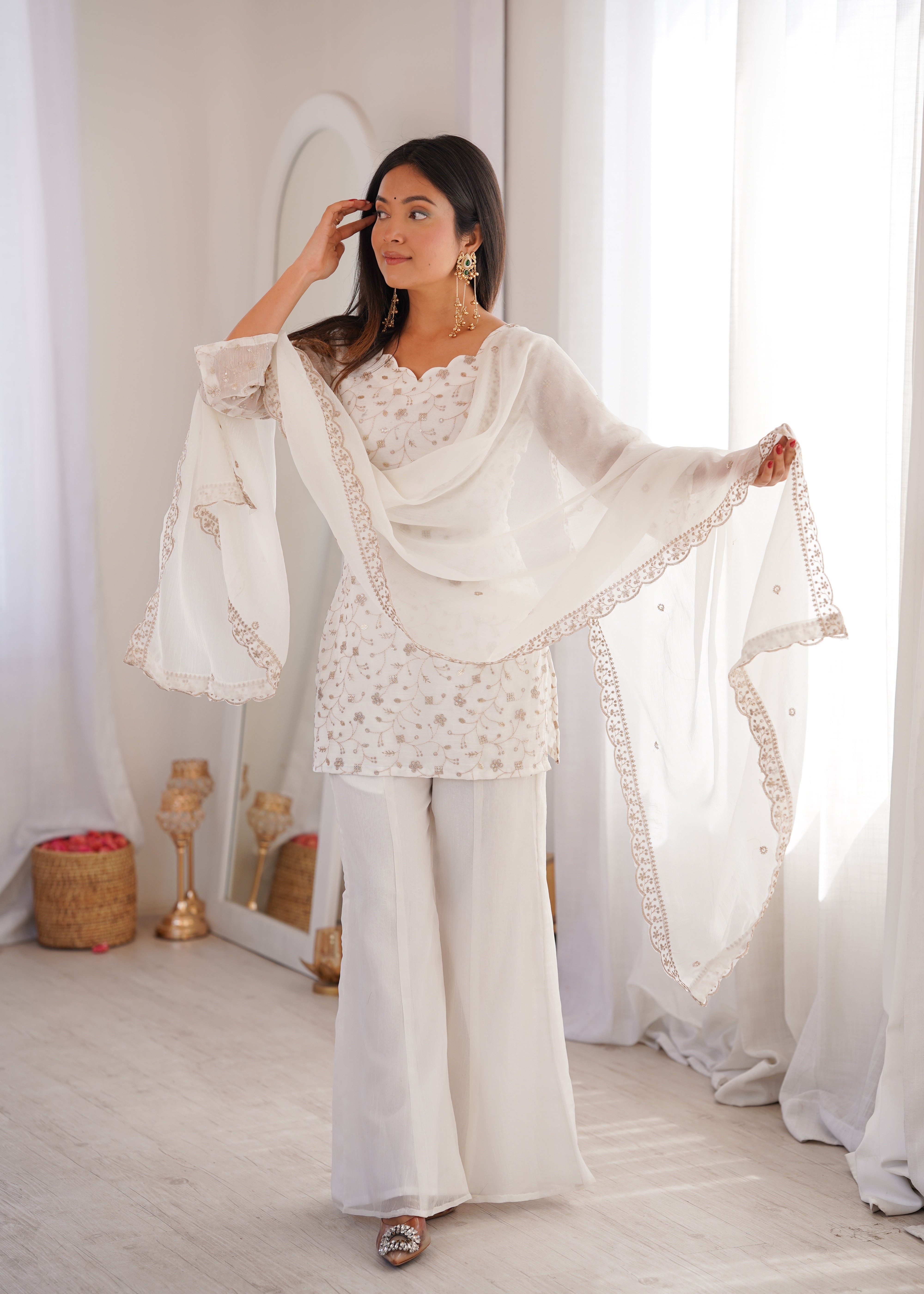Women's Crunchy Silk Embroidered Kurta Set with Bell Bottom Pant and Dupatta