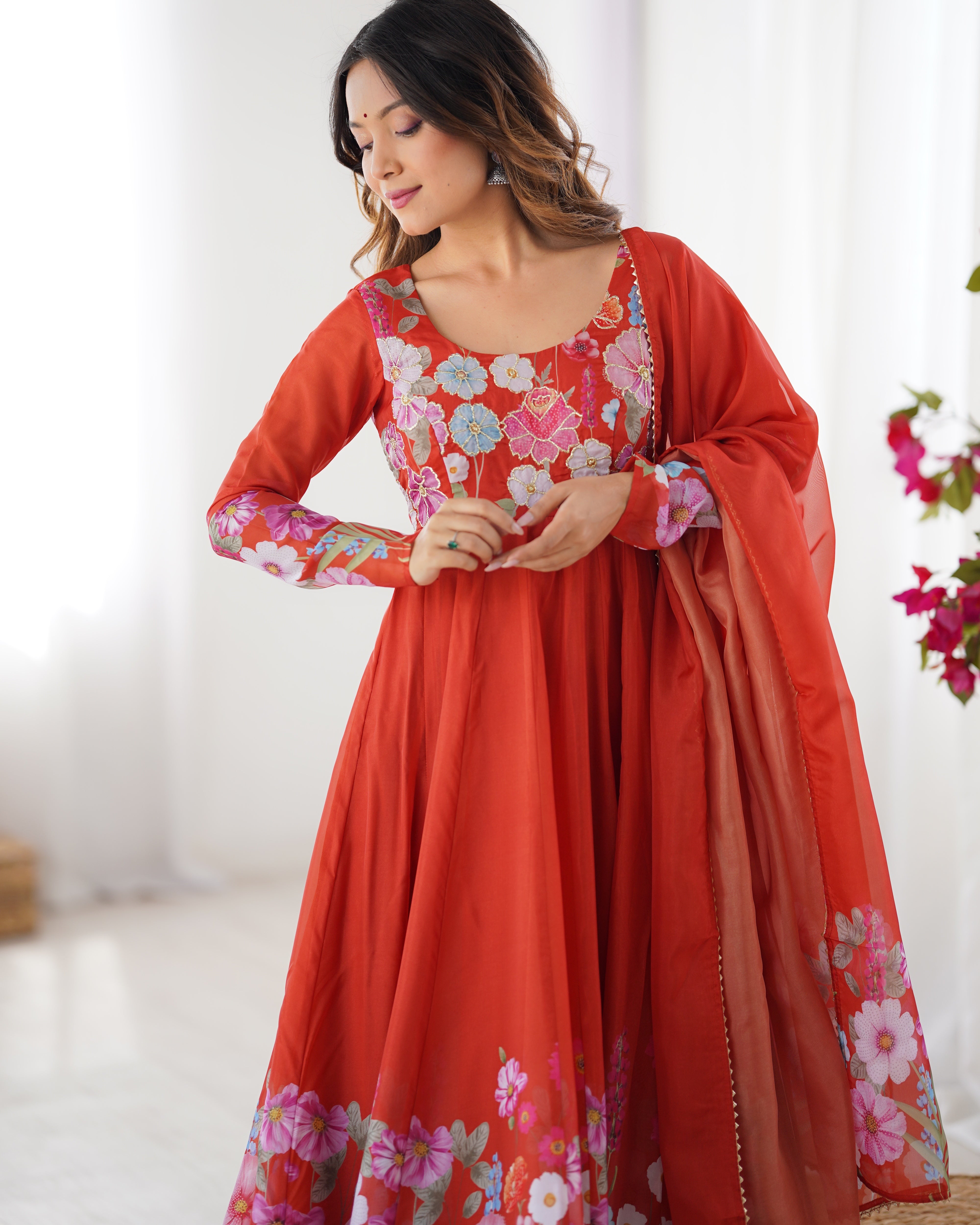 Organza Silk Anarkali Suit Set with Badla Jari Work and Dupatta