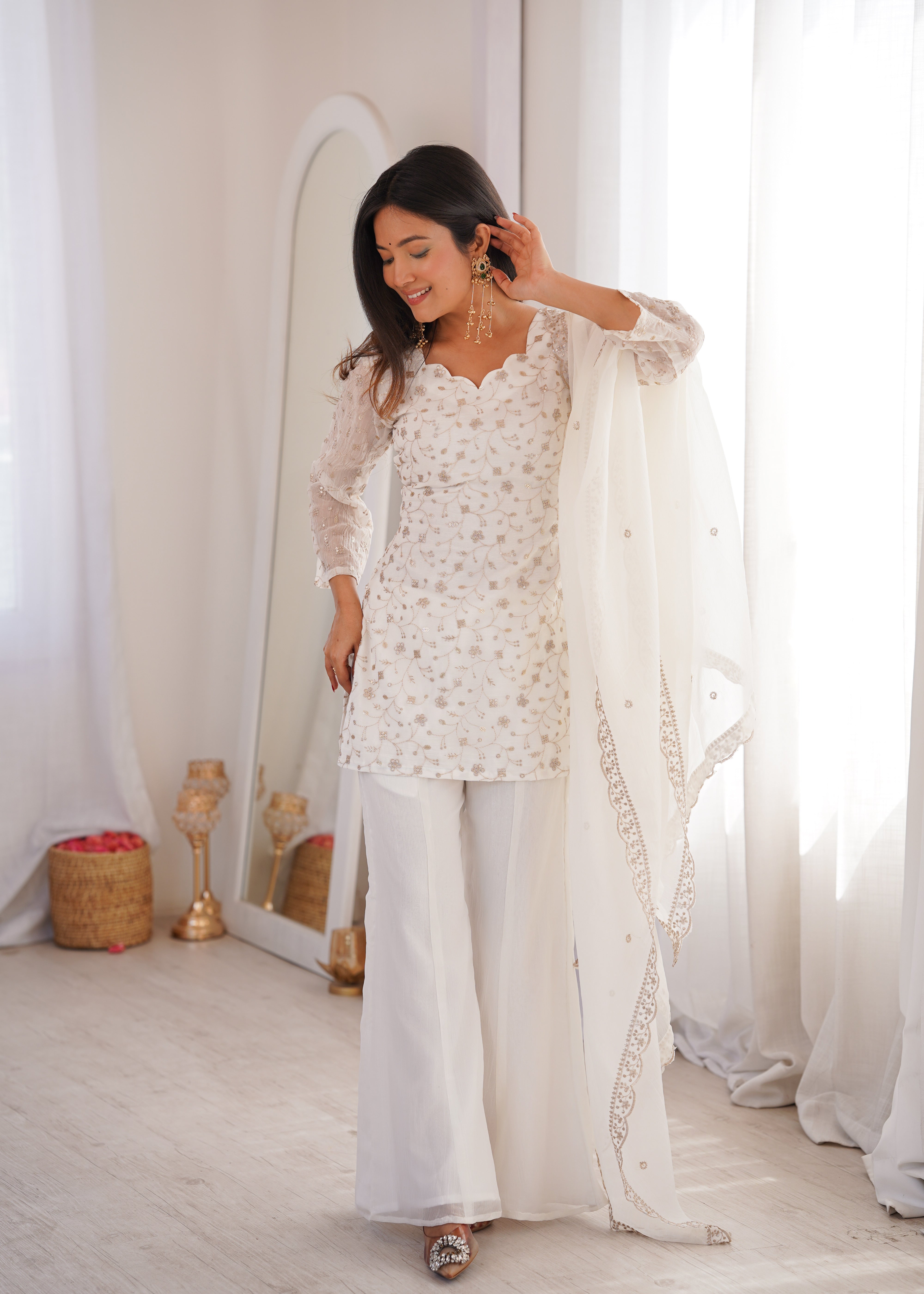 Women's Crunchy Silk Embroidered Kurta Set with Bell Bottom Pant and Dupatta