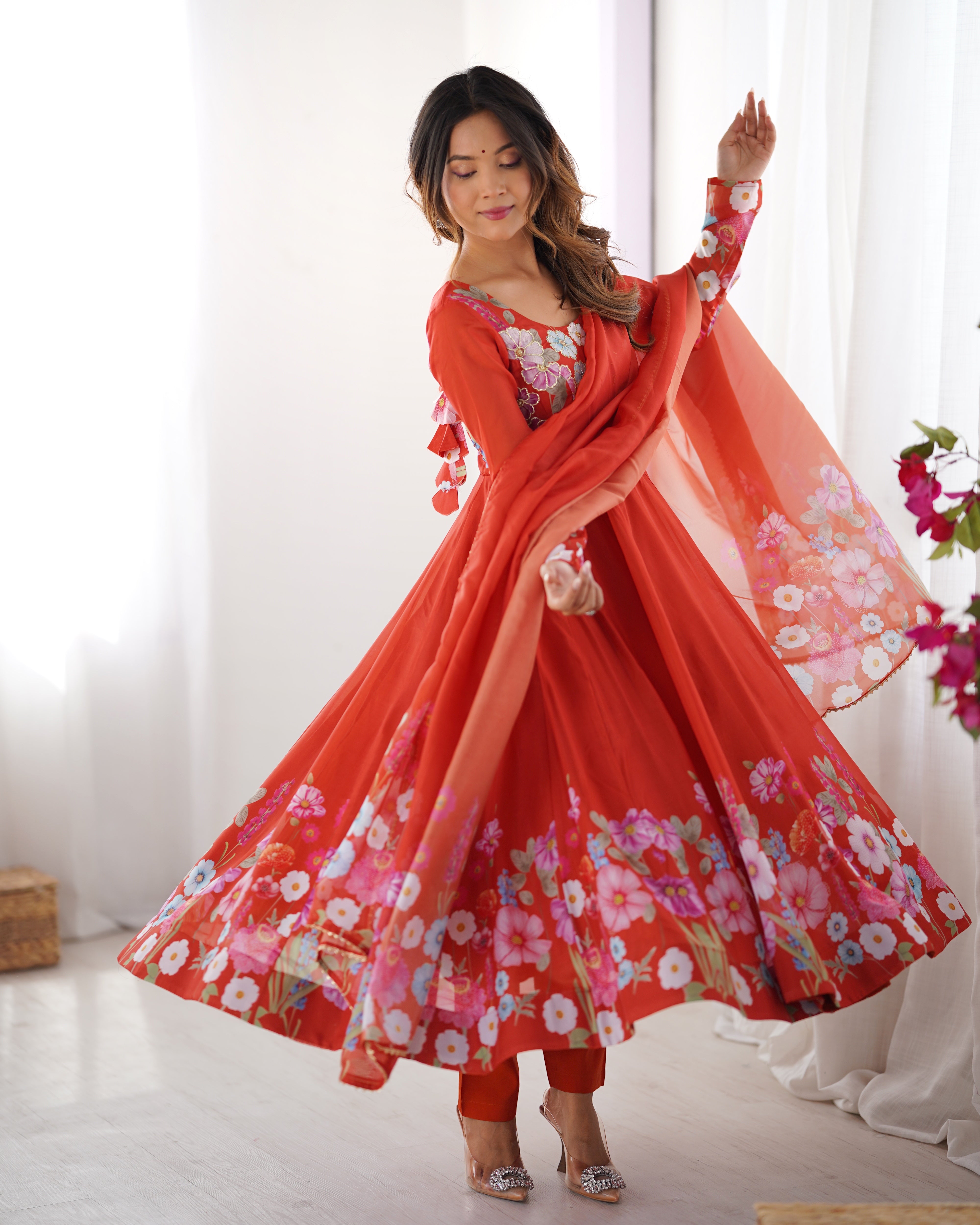 Organza Silk Anarkali Suit Set with Badla Jari Work and Dupatta