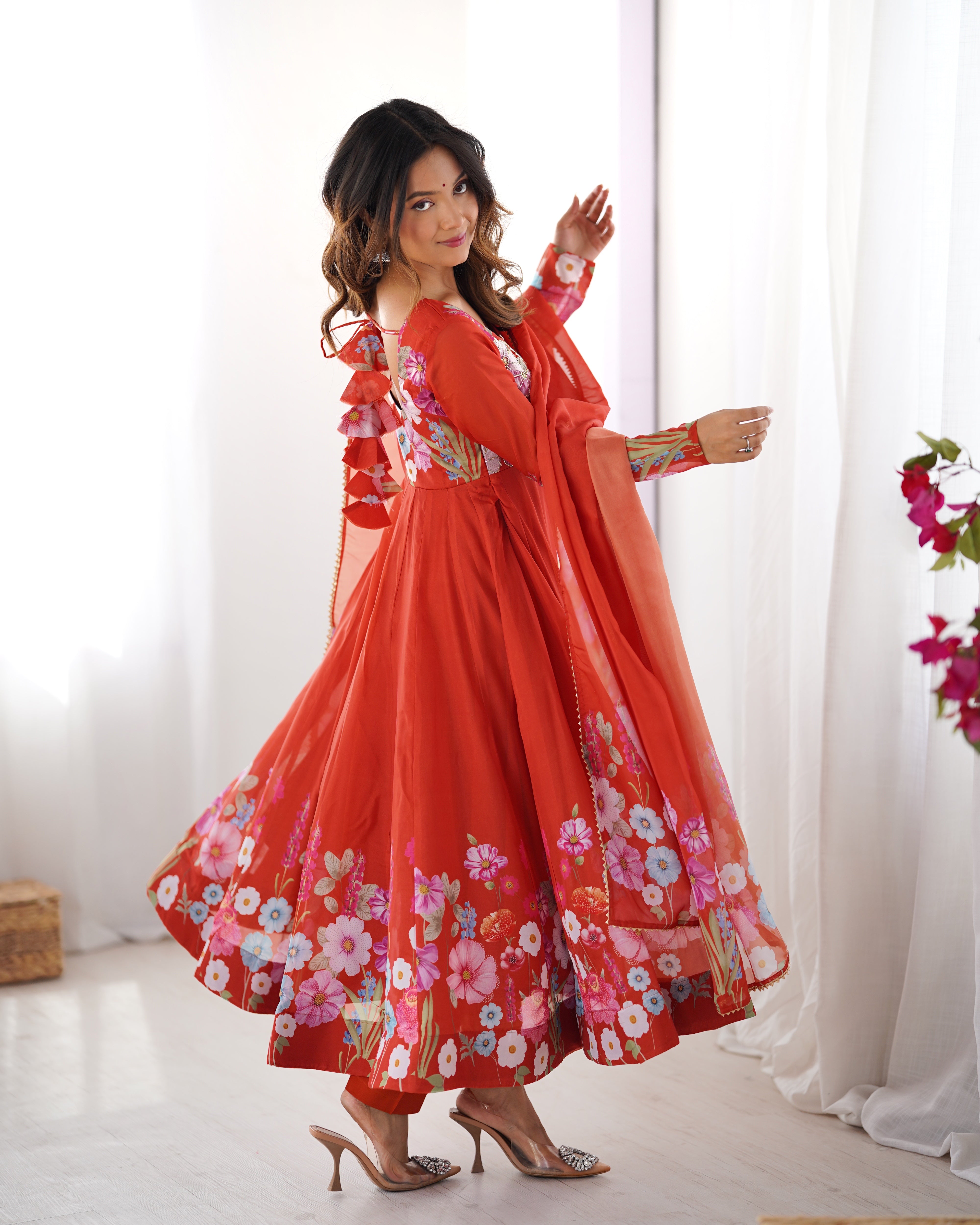 Organza Silk Anarkali Suit Set with Badla Jari Work and Dupatta