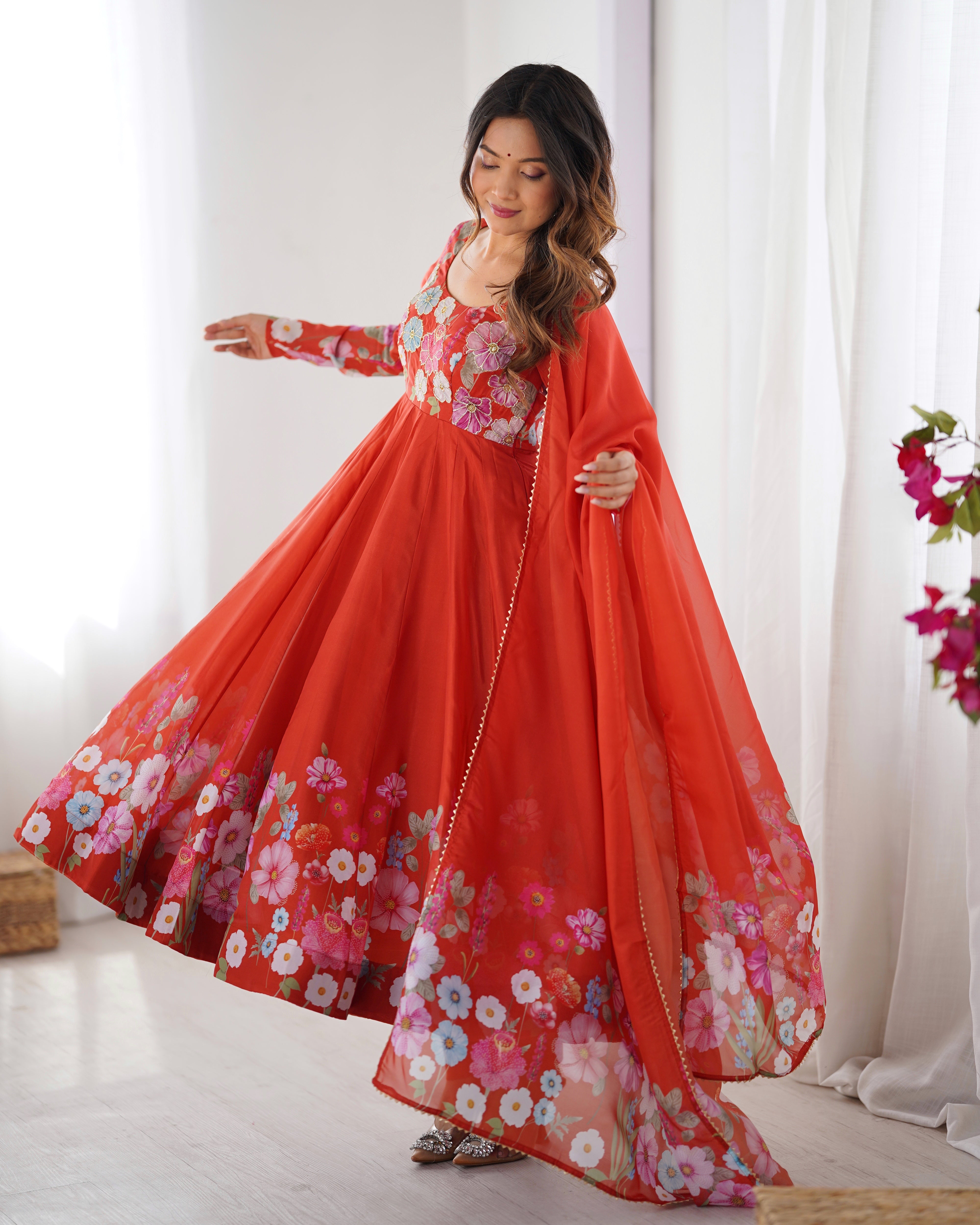 Organza Silk Anarkali Suit Set with Badla Jari Work and Dupatta