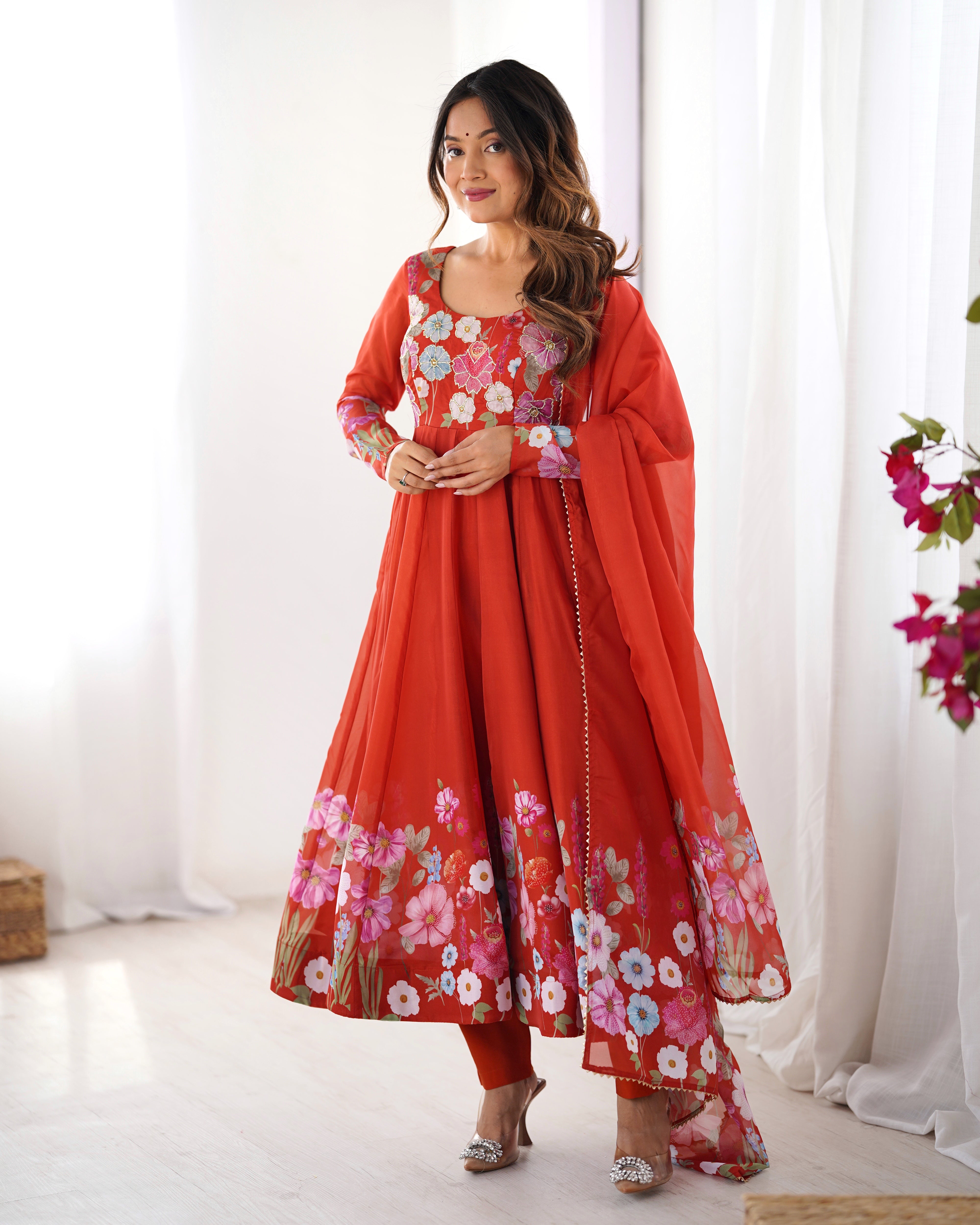 Organza Silk Anarkali Suit Set with Badla Jari Work and Dupatta