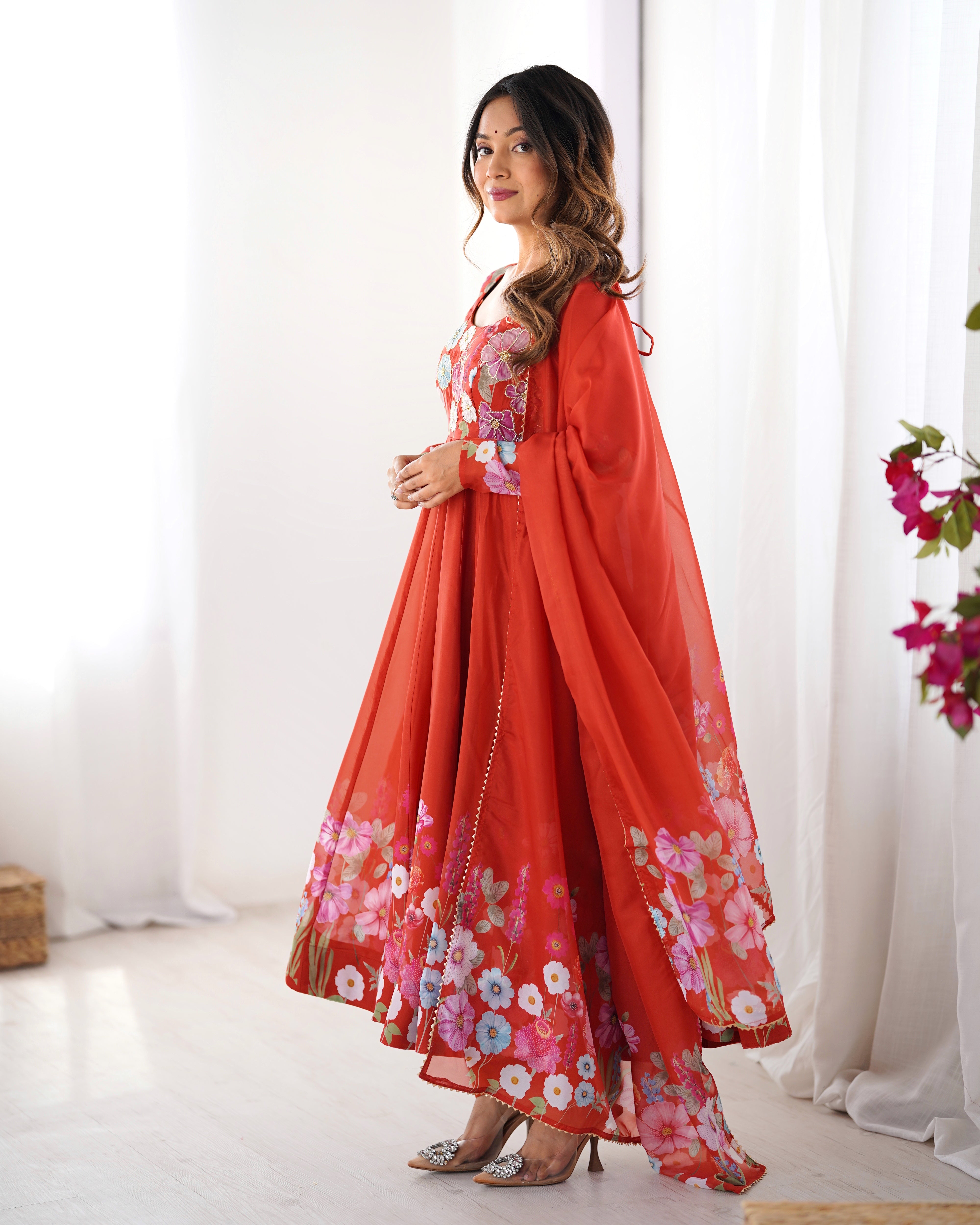 Organza Silk Anarkali Suit Set with Badla Jari Work and Dupatta