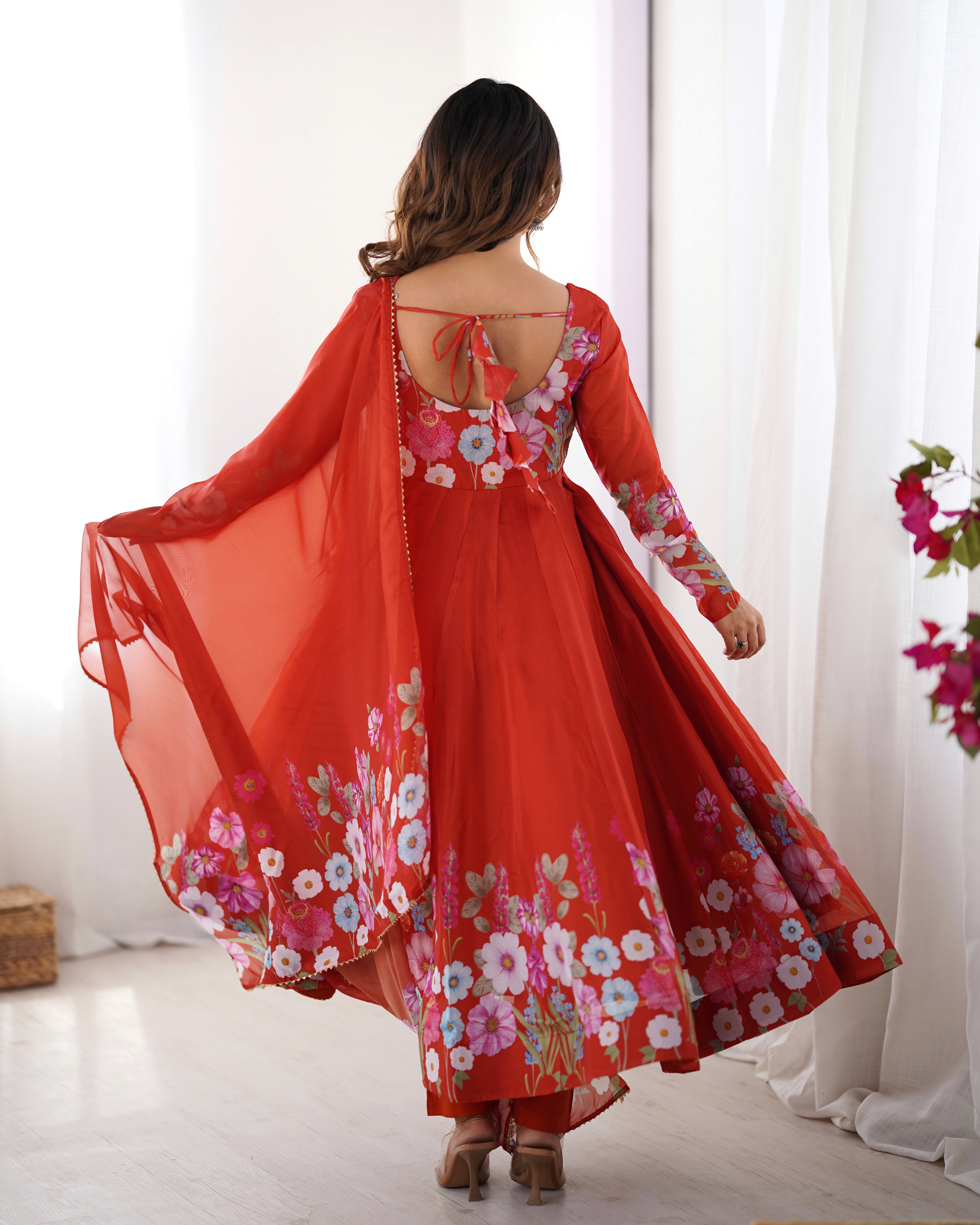Organza Silk Anarkali Suit Set with Badla Jari Work and Dupatta