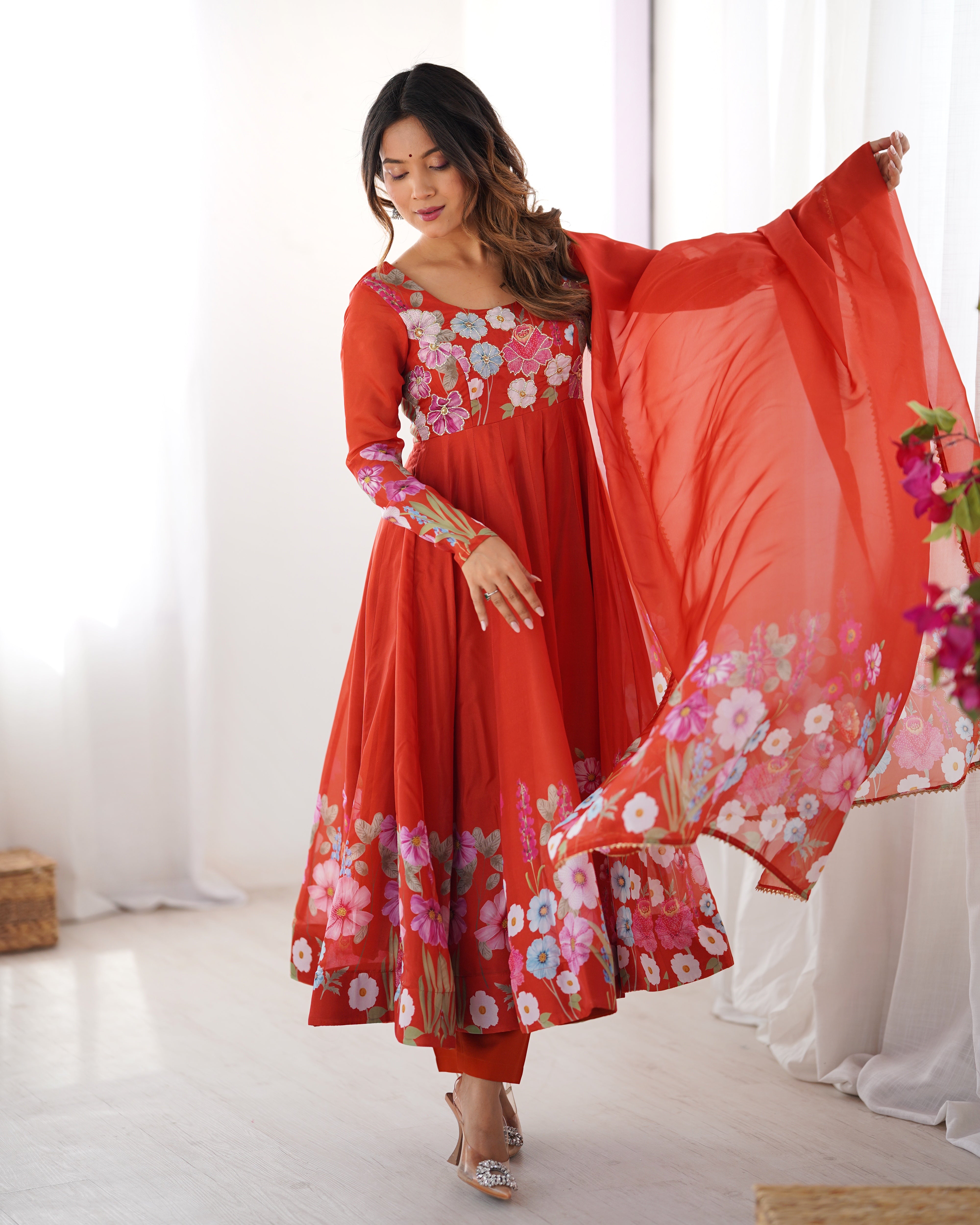 Organza Silk Anarkali Suit Set with Badla Jari Work and Dupatta