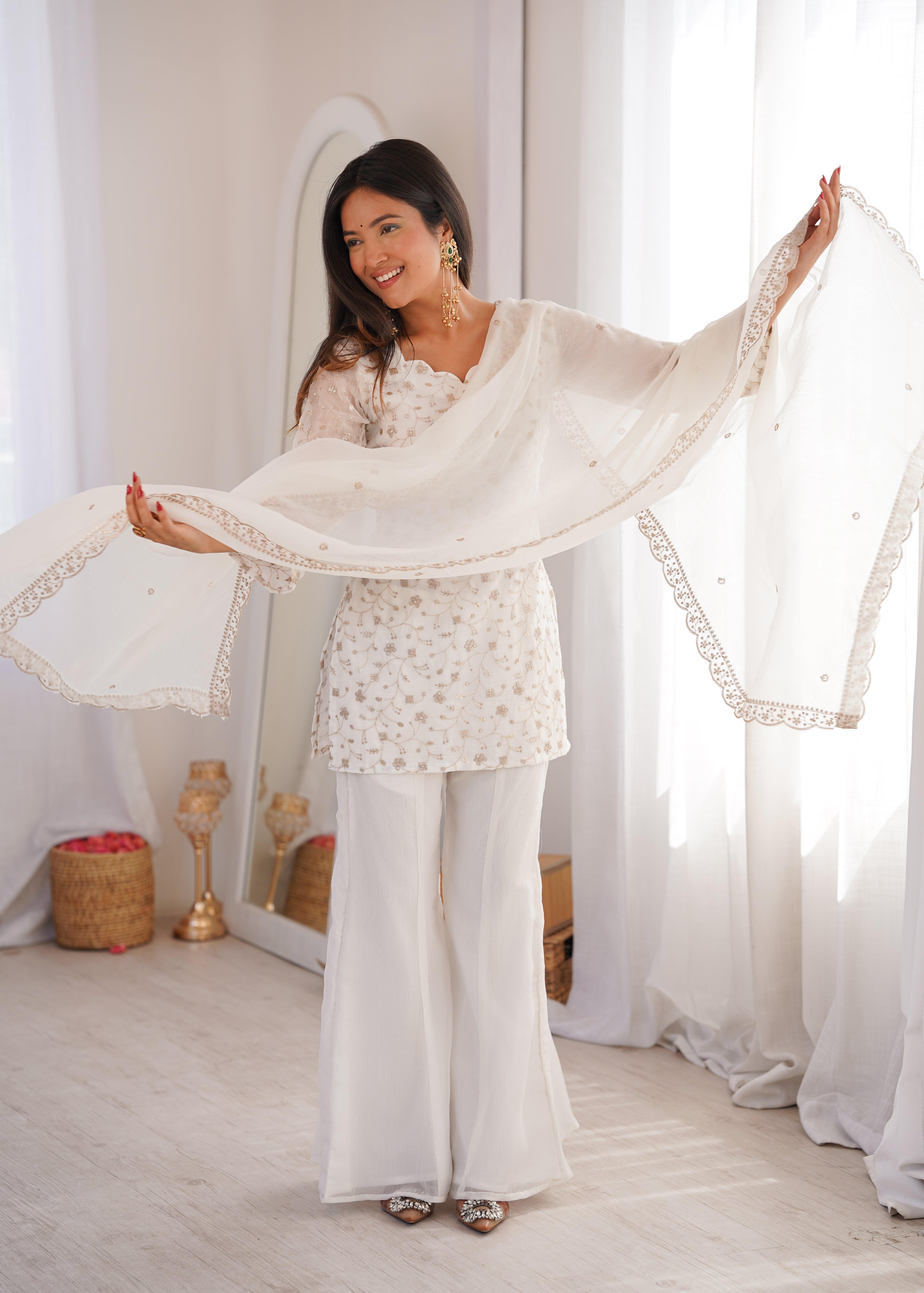 Women's Crunchy Silk Embroidered Kurta Set with Bell Bottom Pant and Dupatta