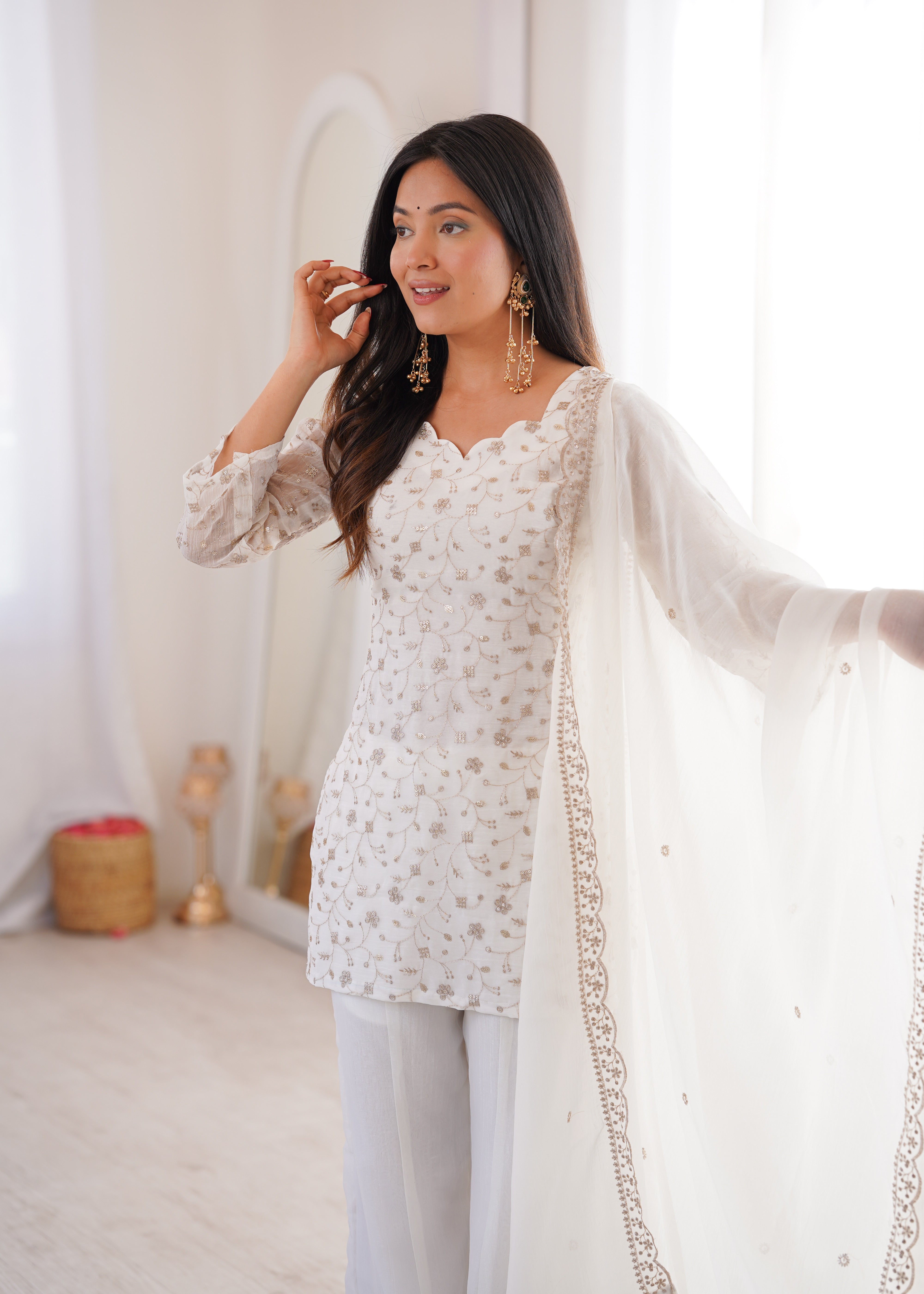 Women's Crunchy Silk Embroidered Kurta Set with Bell Bottom Pant and Dupatta