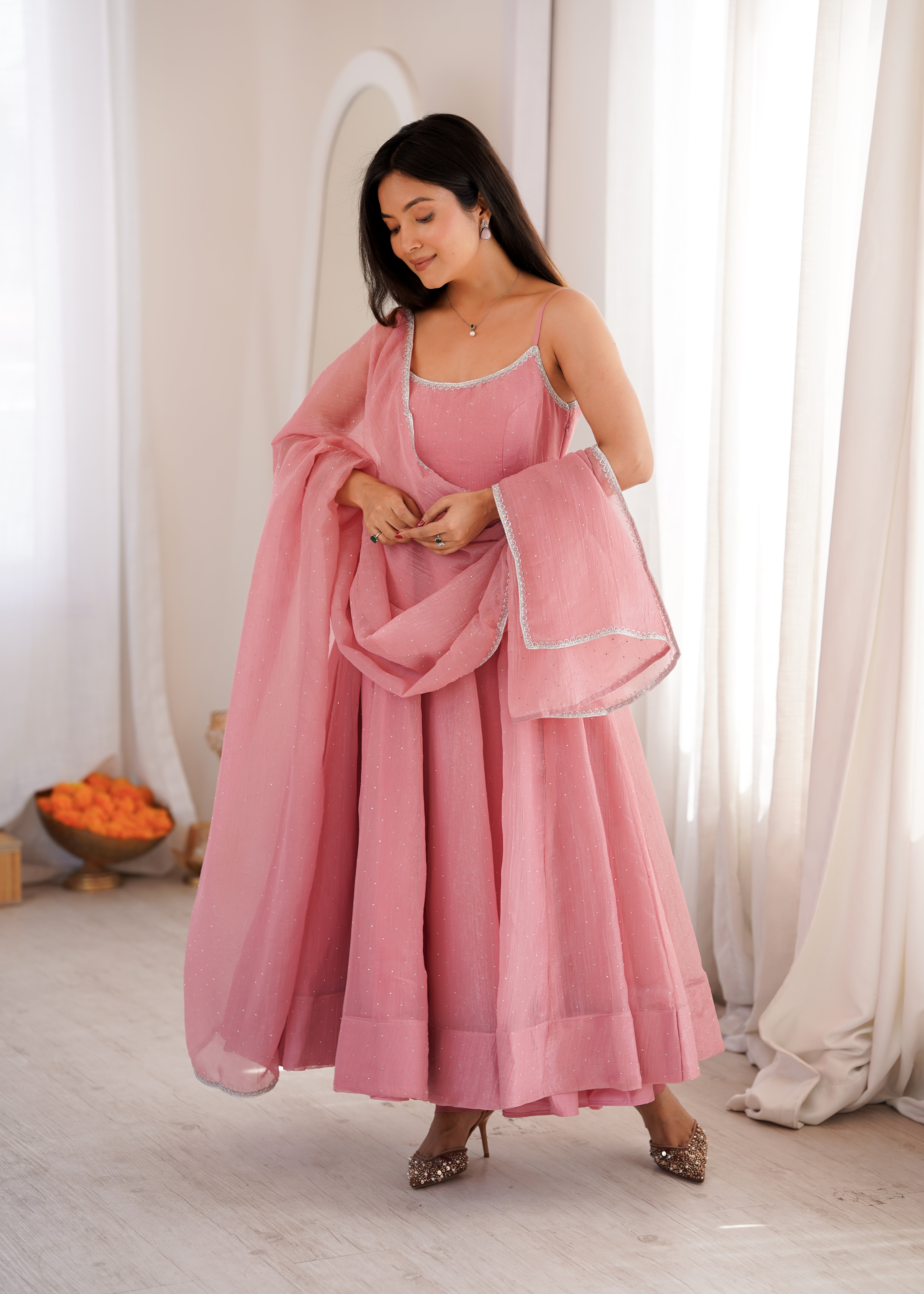Women's Crunchy Silk Anarkali Pant Dupatta Set with Swarovski Work