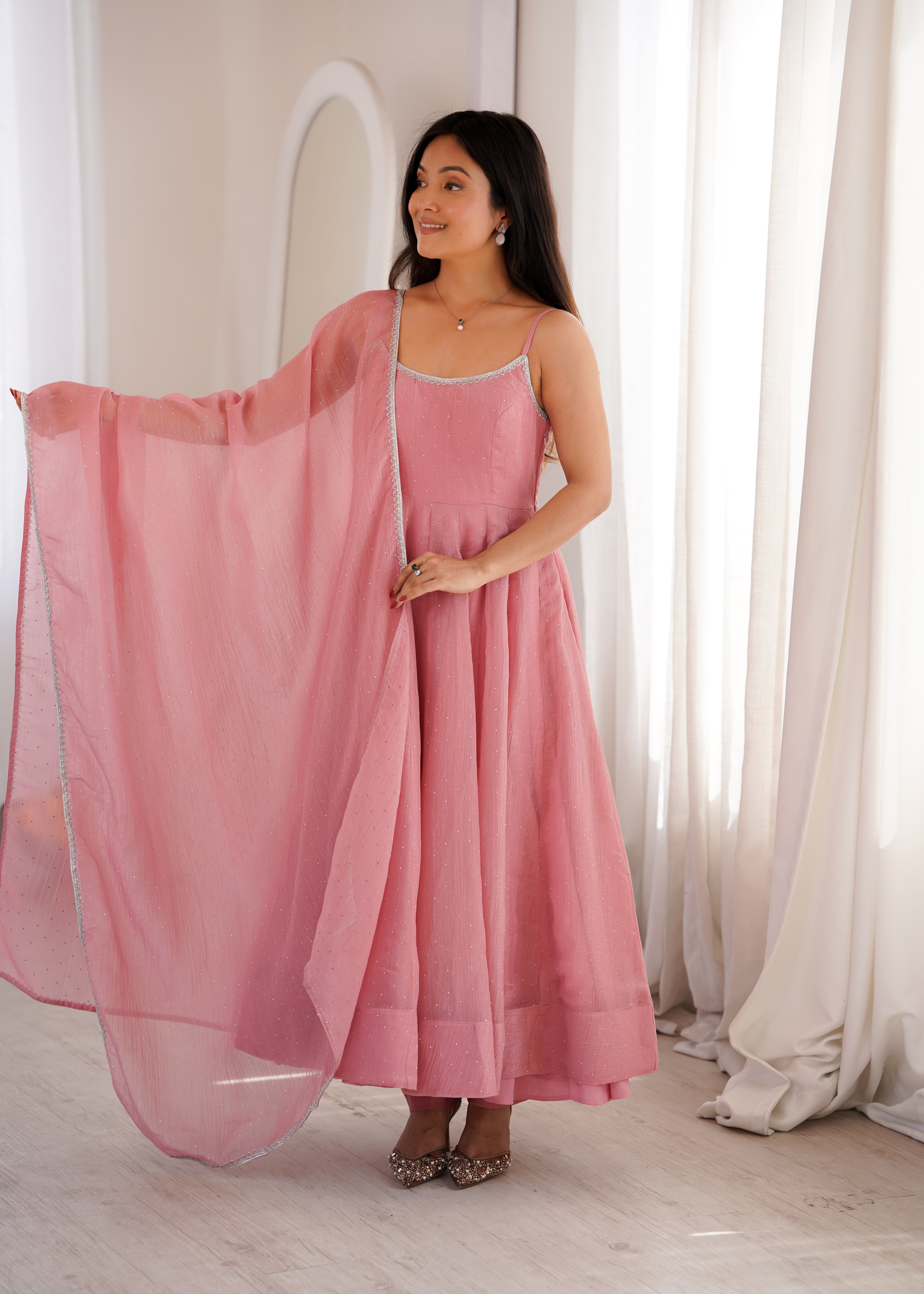 Women's Crunchy Silk Anarkali Pant Dupatta Set with Swarovski Work