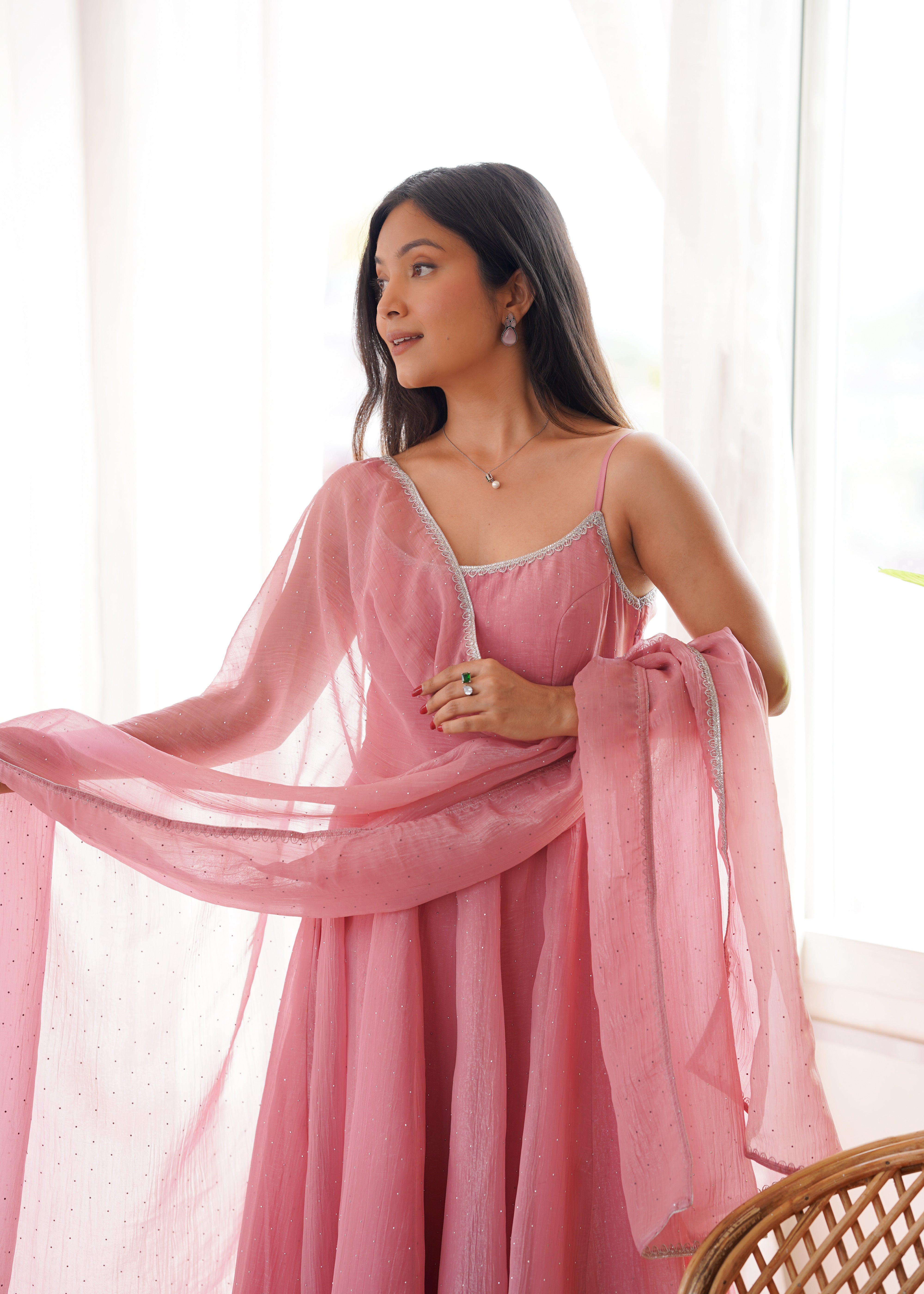 Women's Crunchy Silk Anarkali Pant Dupatta Set with Swarovski Work